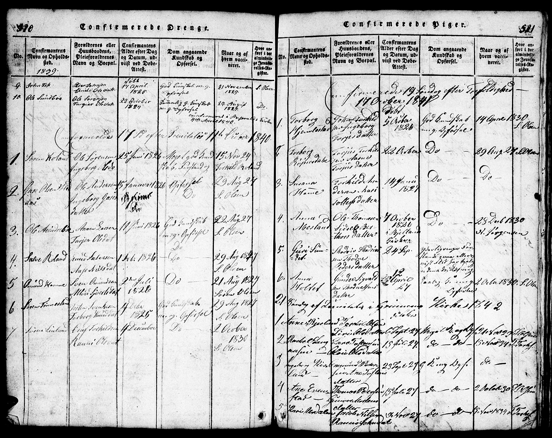 Bjelland sokneprestkontor, SAK/1111-0005/F/Fb/Fba/L0003: Parish register (copy) no. B 3, 1816-1870, p. 520-521