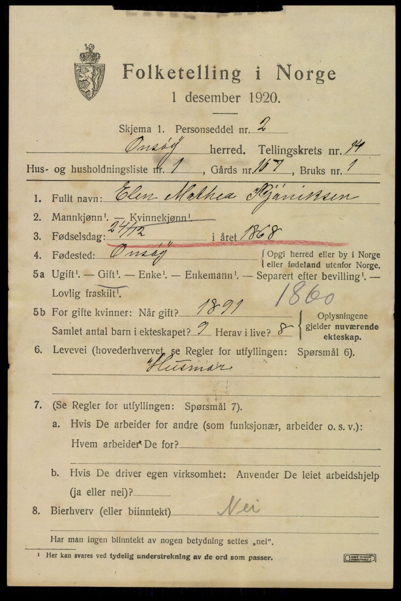 SAO, 1920 census for Onsøy, 1920, p. 16216