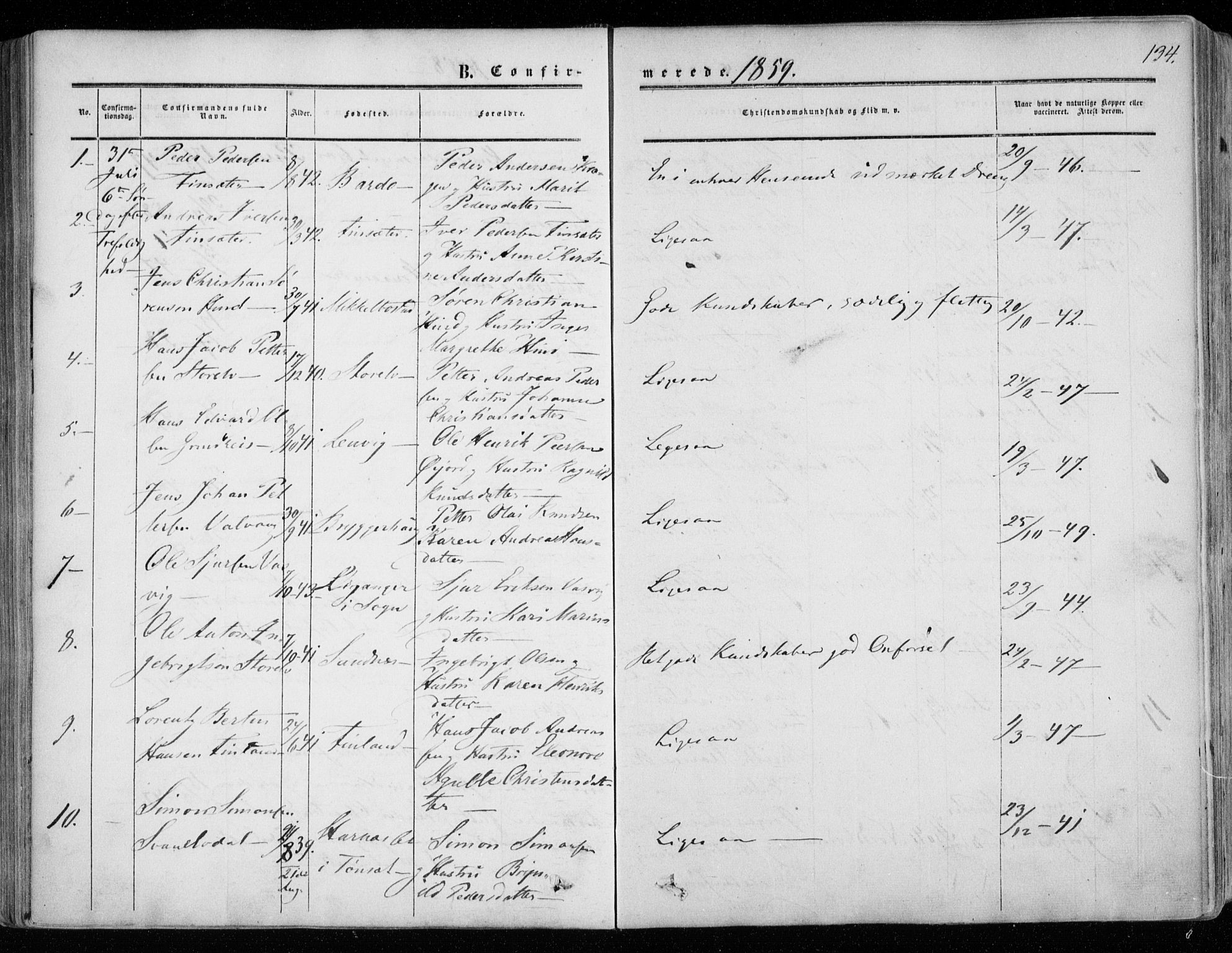 Tranøy sokneprestkontor, SATØ/S-1313/I/Ia/Iaa/L0007kirke: Parish register (official) no. 7, 1856-1866, p. 134