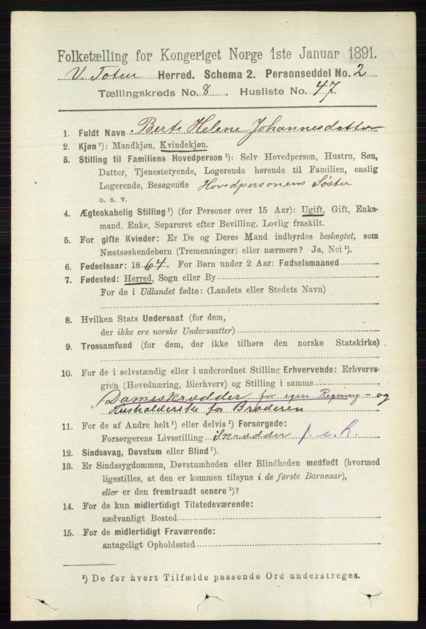 RA, 1891 census for 0529 Vestre Toten, 1891, p. 5297