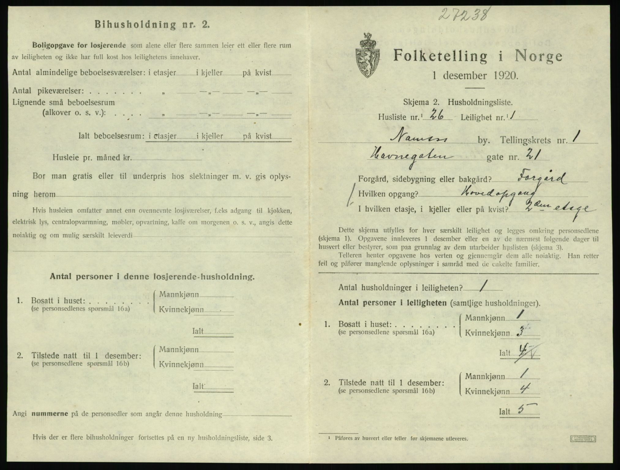 SAT, 1920 census for Namsos, 1920, p. 845