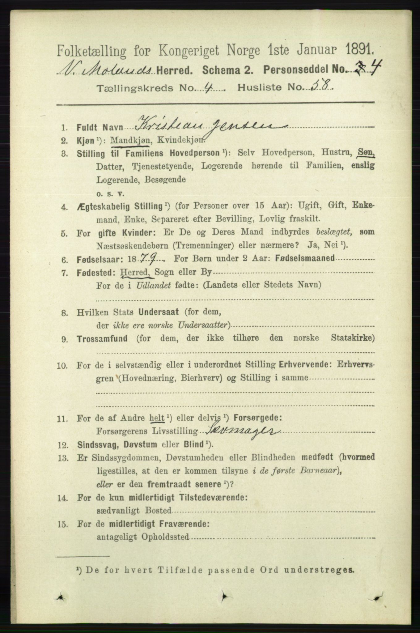 RA, 1891 census for 0926 Vestre Moland, 1891, p. 1635