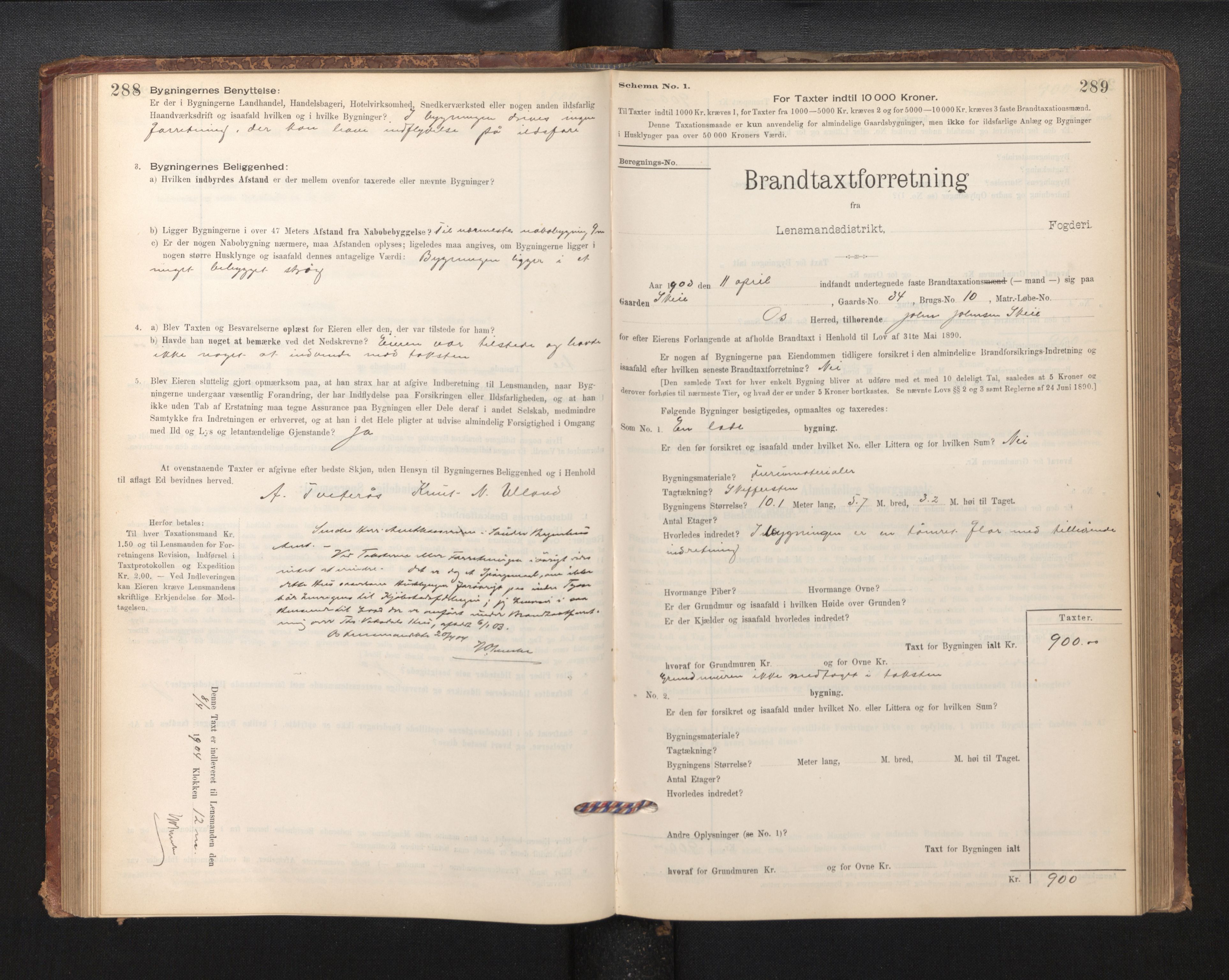 Lensmannen i Os, SAB/A-34101/0012/L0008: Branntakstprotokoll, skjematakst, 1894-1915, p. 288-289