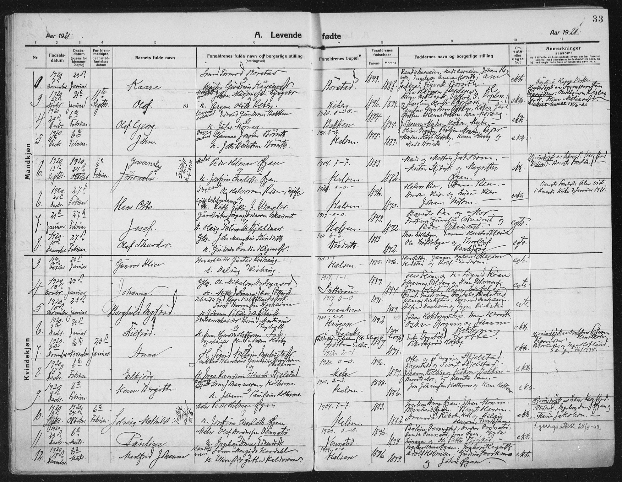 Ministerialprotokoller, klokkerbøker og fødselsregistre - Nord-Trøndelag, AV/SAT-A-1458/709/L0083: Parish register (official) no. 709A23, 1916-1928, p. 33