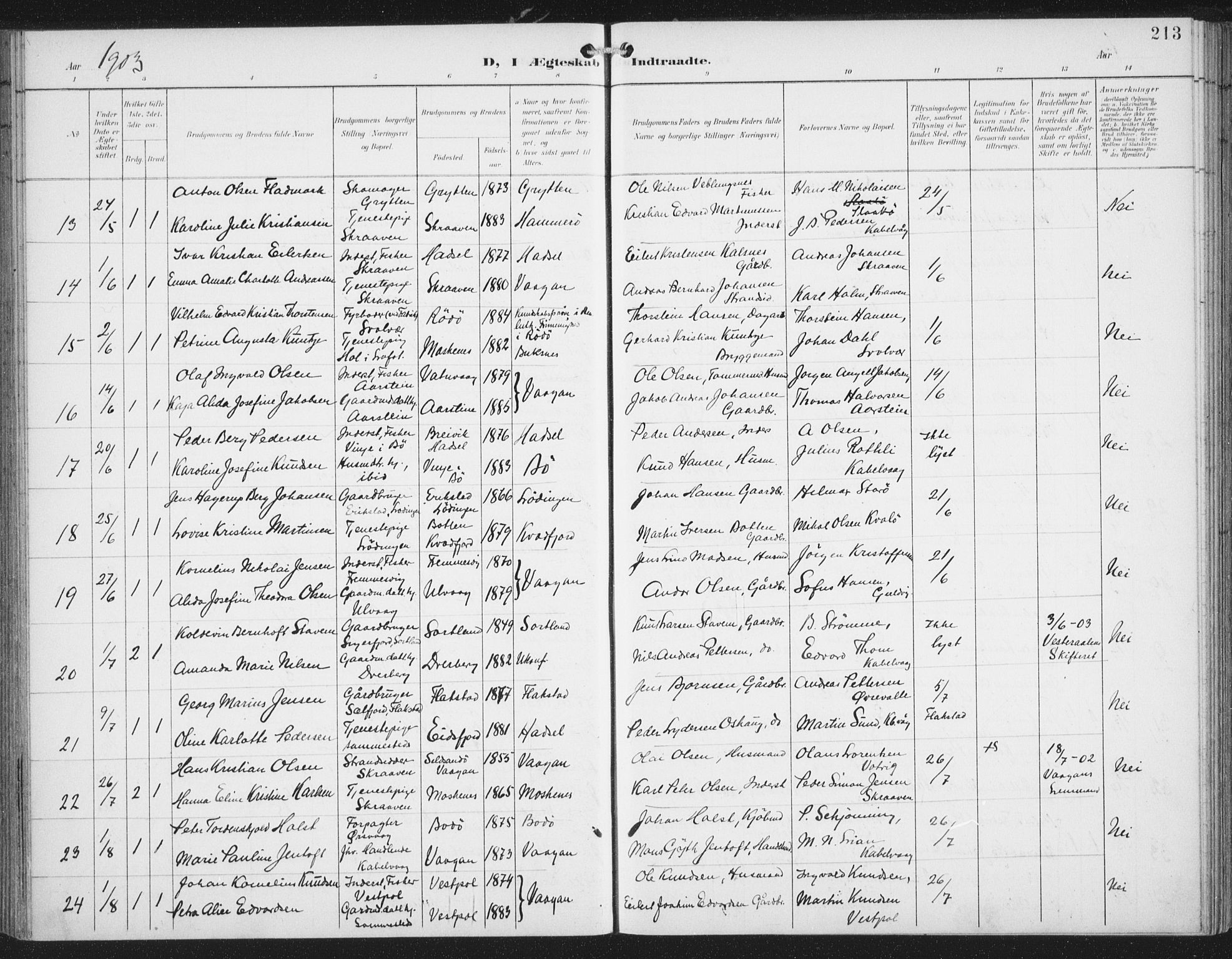 Ministerialprotokoller, klokkerbøker og fødselsregistre - Nordland, AV/SAT-A-1459/874/L1062: Parish register (official) no. 874A06, 1899-1907, p. 213