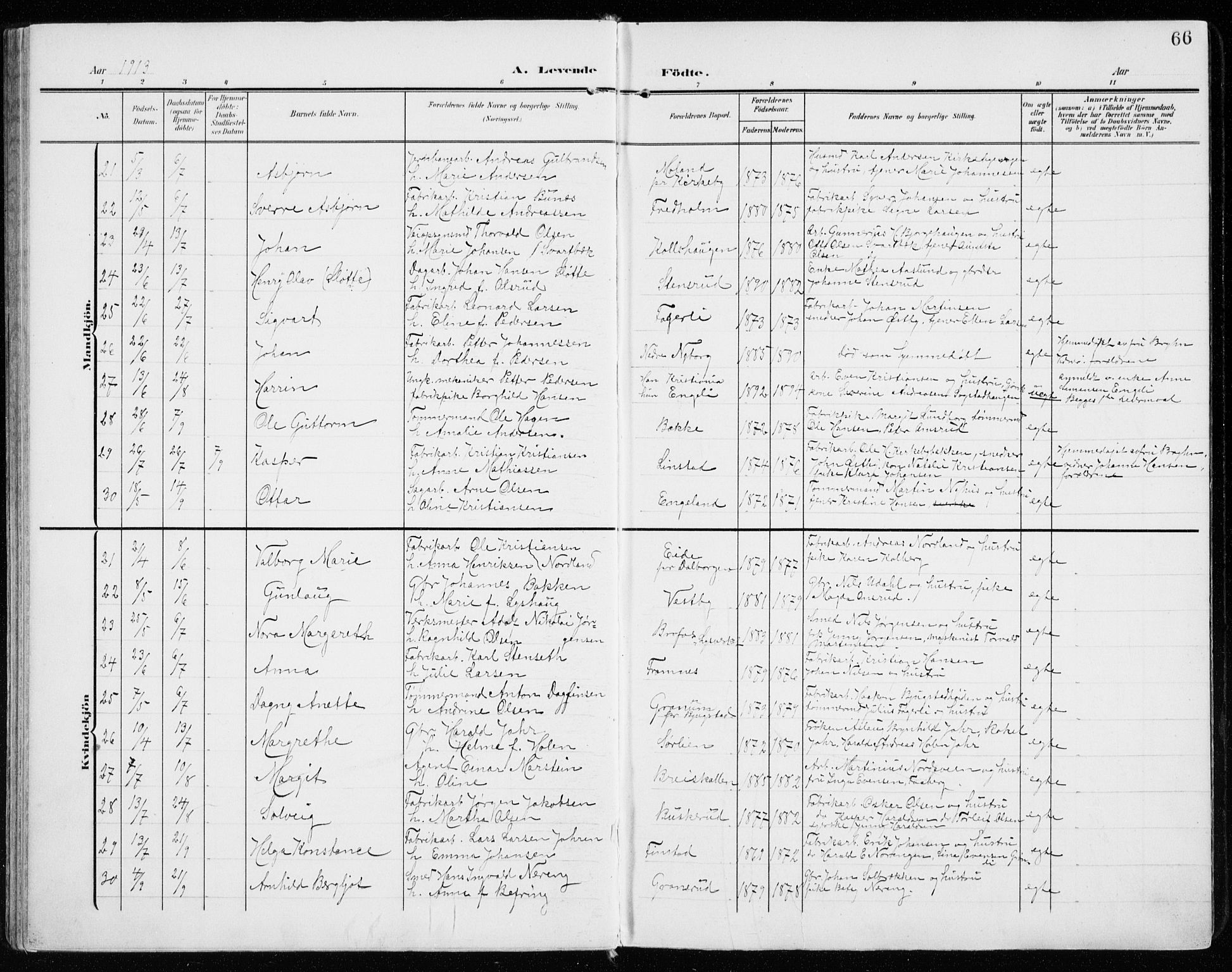 Vardal prestekontor, AV/SAH-PREST-100/H/Ha/Haa/L0016: Parish register (official) no. 16, 1904-1916, p. 66