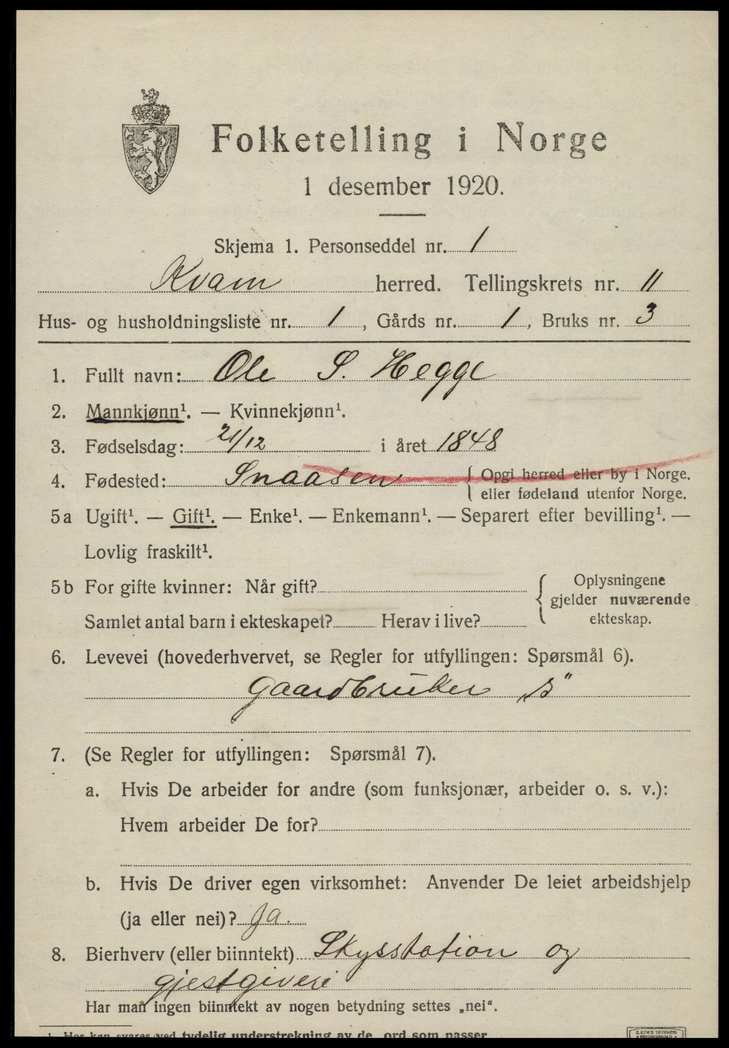 SAT, 1920 census for Kvam, 1920, p. 2711