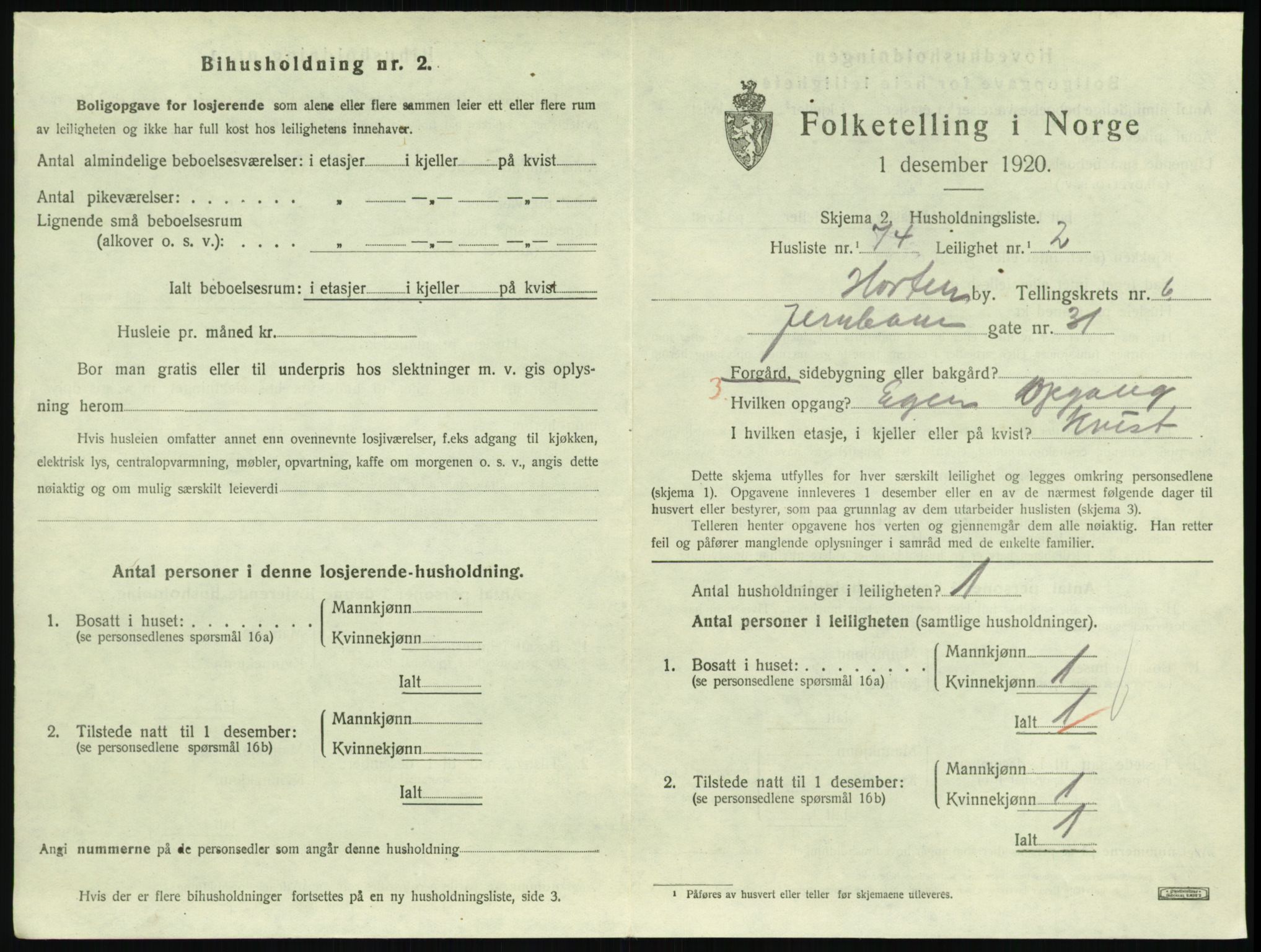 SAKO, 1920 census for Horten, 1920, p. 6633