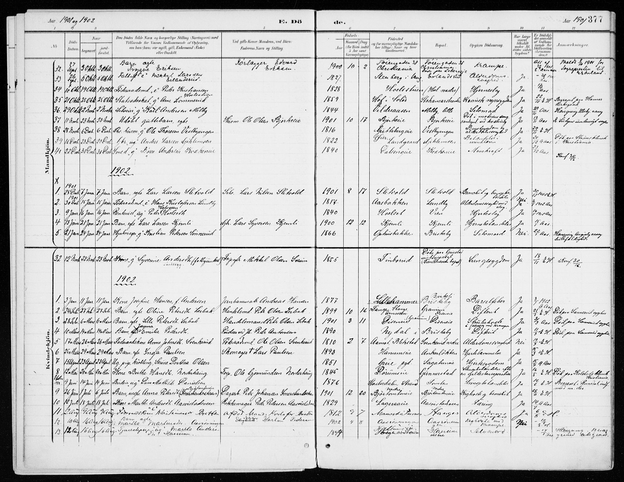 Vang prestekontor, Hedmark, SAH/PREST-008/H/Ha/Haa/L0021: Parish register (official) no. 21, 1902-1917, p. 377