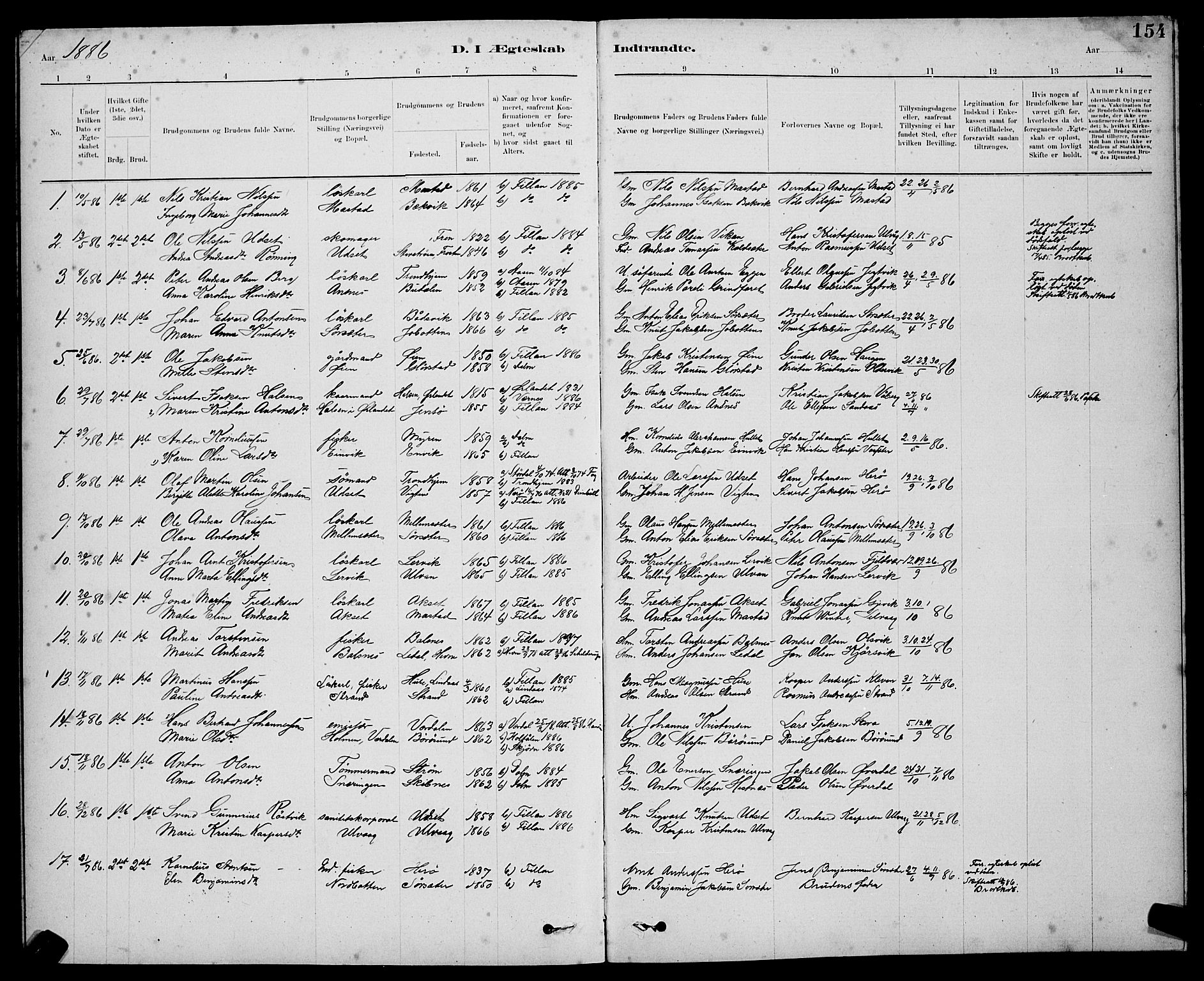 Ministerialprotokoller, klokkerbøker og fødselsregistre - Sør-Trøndelag, AV/SAT-A-1456/637/L0562: Parish register (copy) no. 637C03, 1883-1898, p. 154