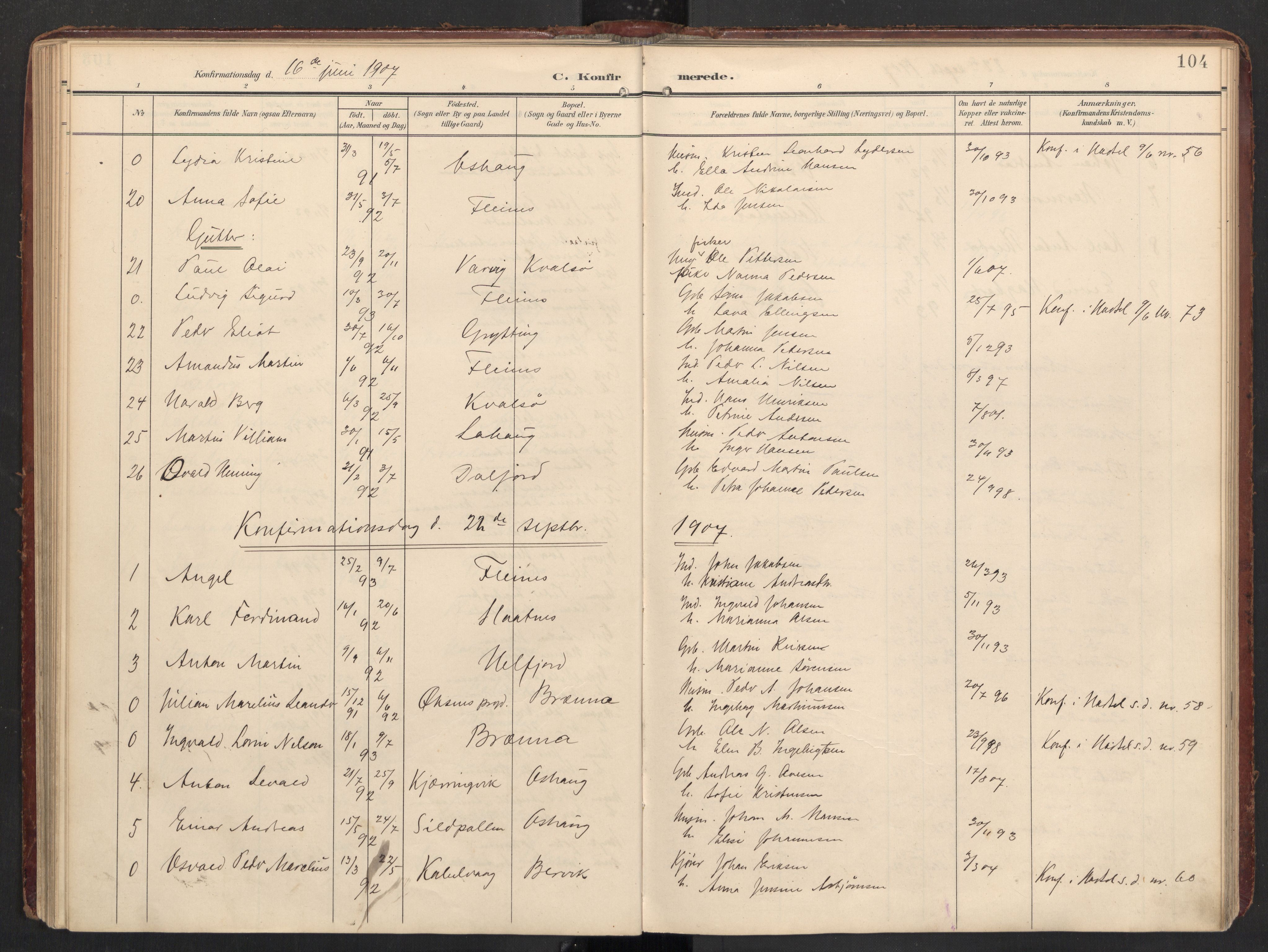 Ministerialprotokoller, klokkerbøker og fødselsregistre - Nordland, AV/SAT-A-1459/890/L1287: Parish register (official) no. 890A02, 1903-1915, p. 104