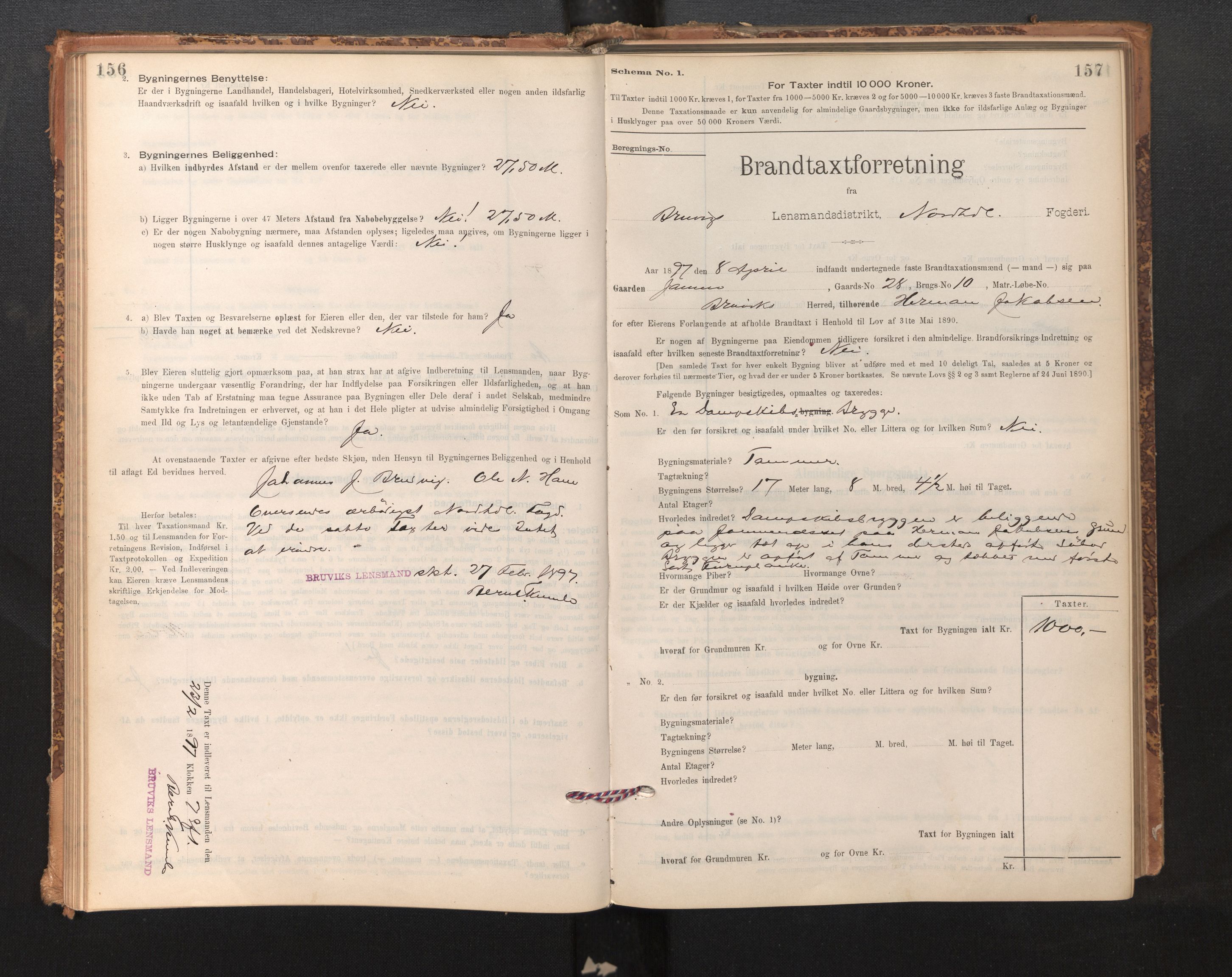 Lensmannen i Bruvik, SAB/A-31301/0012/L0006: Branntakstprotokoll, skjematakst, 1894-1906, p. 156-157
