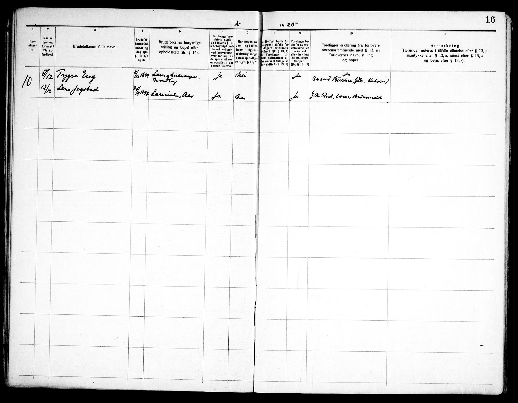 Ås prestekontor Kirkebøker, AV/SAO-A-10894/H/Ha/L0001: Banns register no. 1, 1919-1946, p. 16