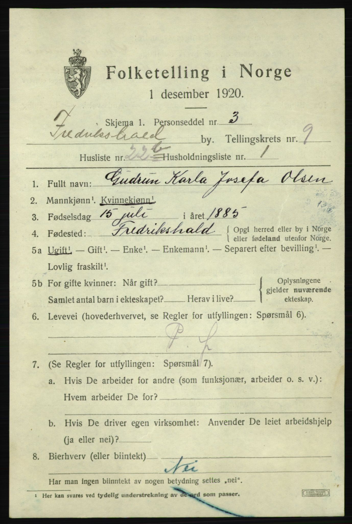 SAO, 1920 census for Fredrikshald, 1920, p. 16241