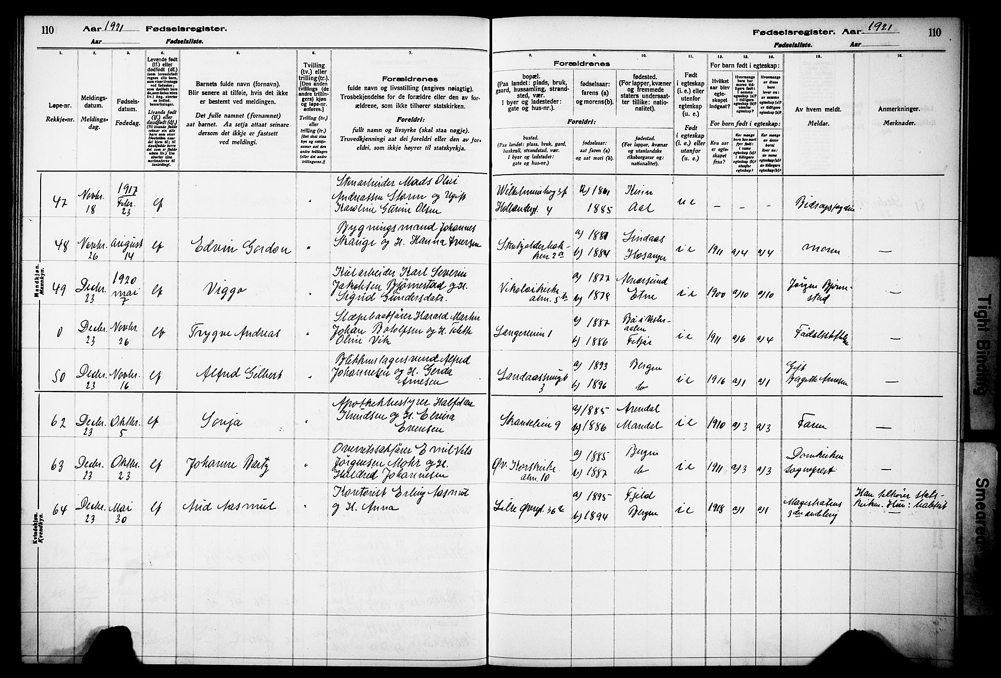 Korskirken sokneprestembete, SAB/A-76101/I/Id/L00A1: Birth register no. A 1, 1916-1929, p. 110