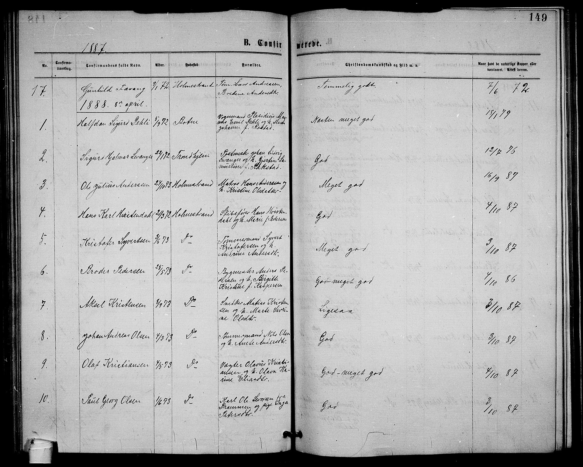 Holmestrand kirkebøker, AV/SAKO-A-346/G/Ga/L0004: Parish register (copy) no. 4, 1874-1888, p. 149