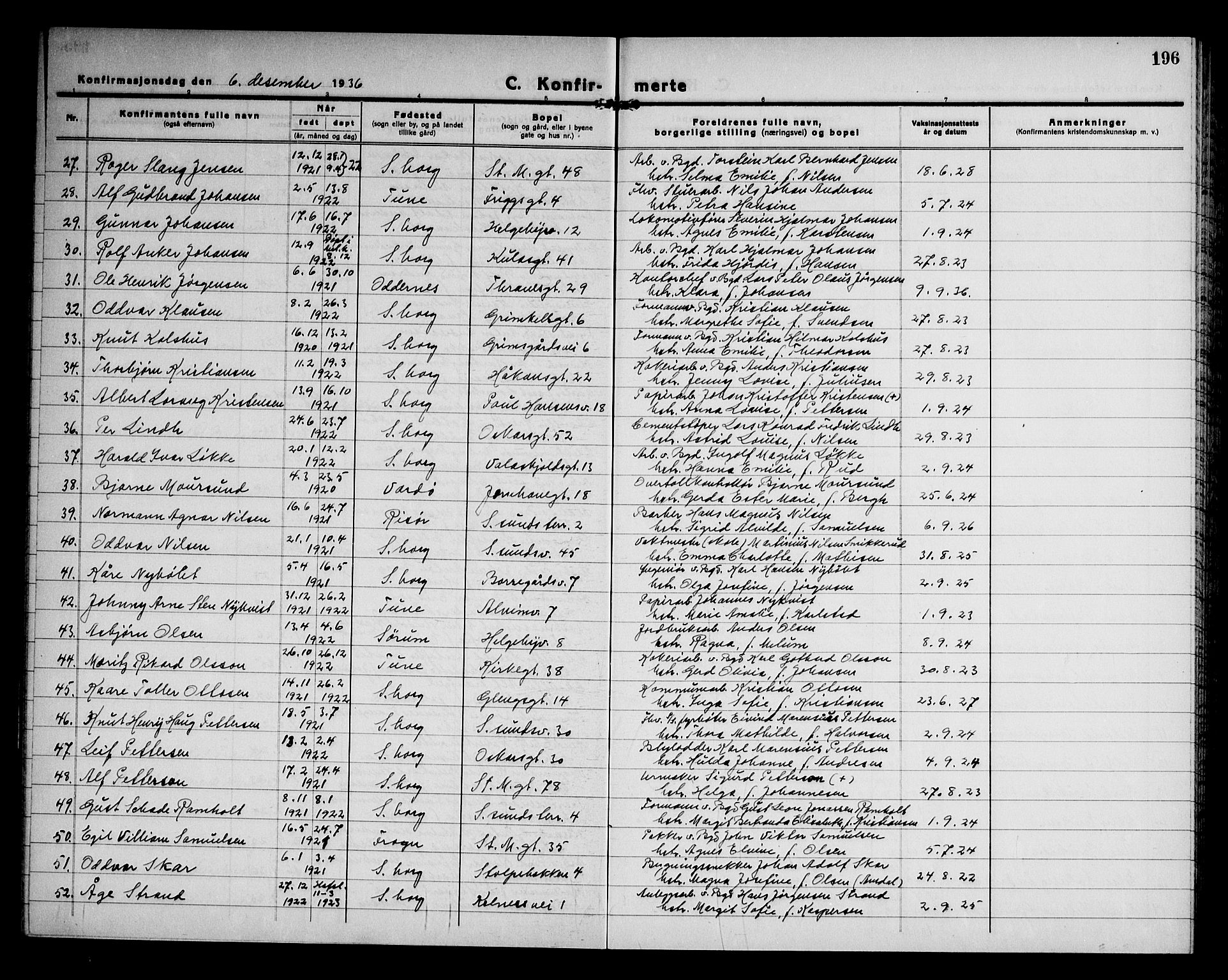 Sarpsborg prestekontor Kirkebøker, AV/SAO-A-2006/G/Ga/L0005: Parish register (copy) no. 5, 1932-1950, p. 196