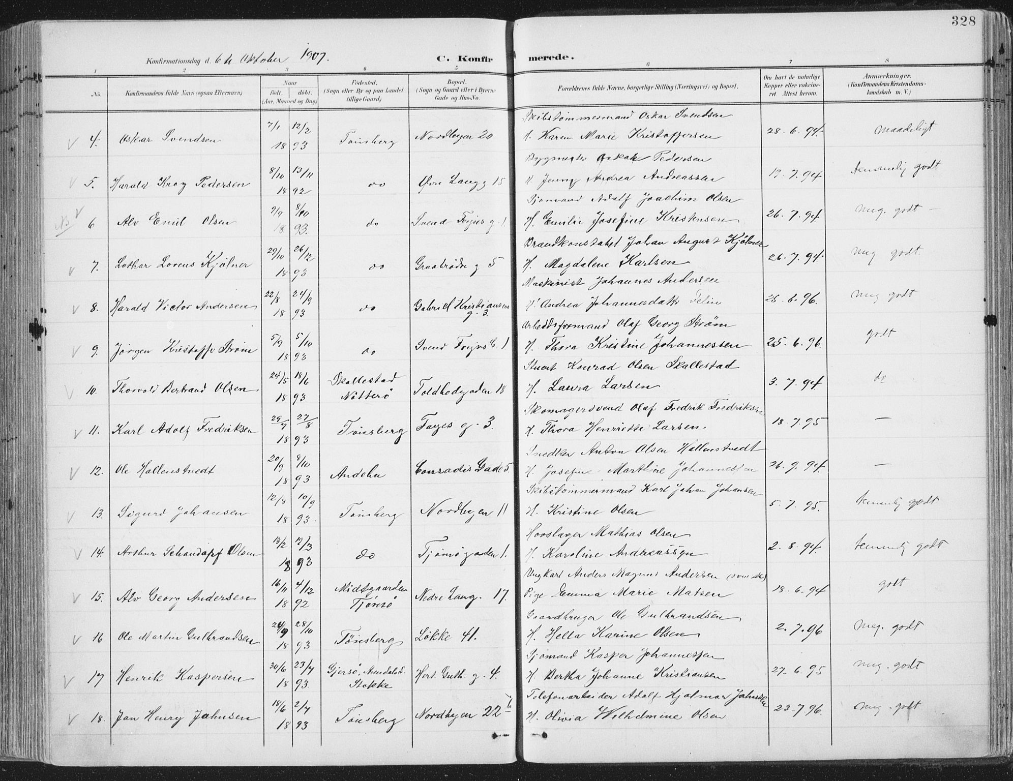 Tønsberg kirkebøker, SAKO/A-330/F/Fa/L0014: Parish register (official) no. I 14, 1900-1913, p. 328