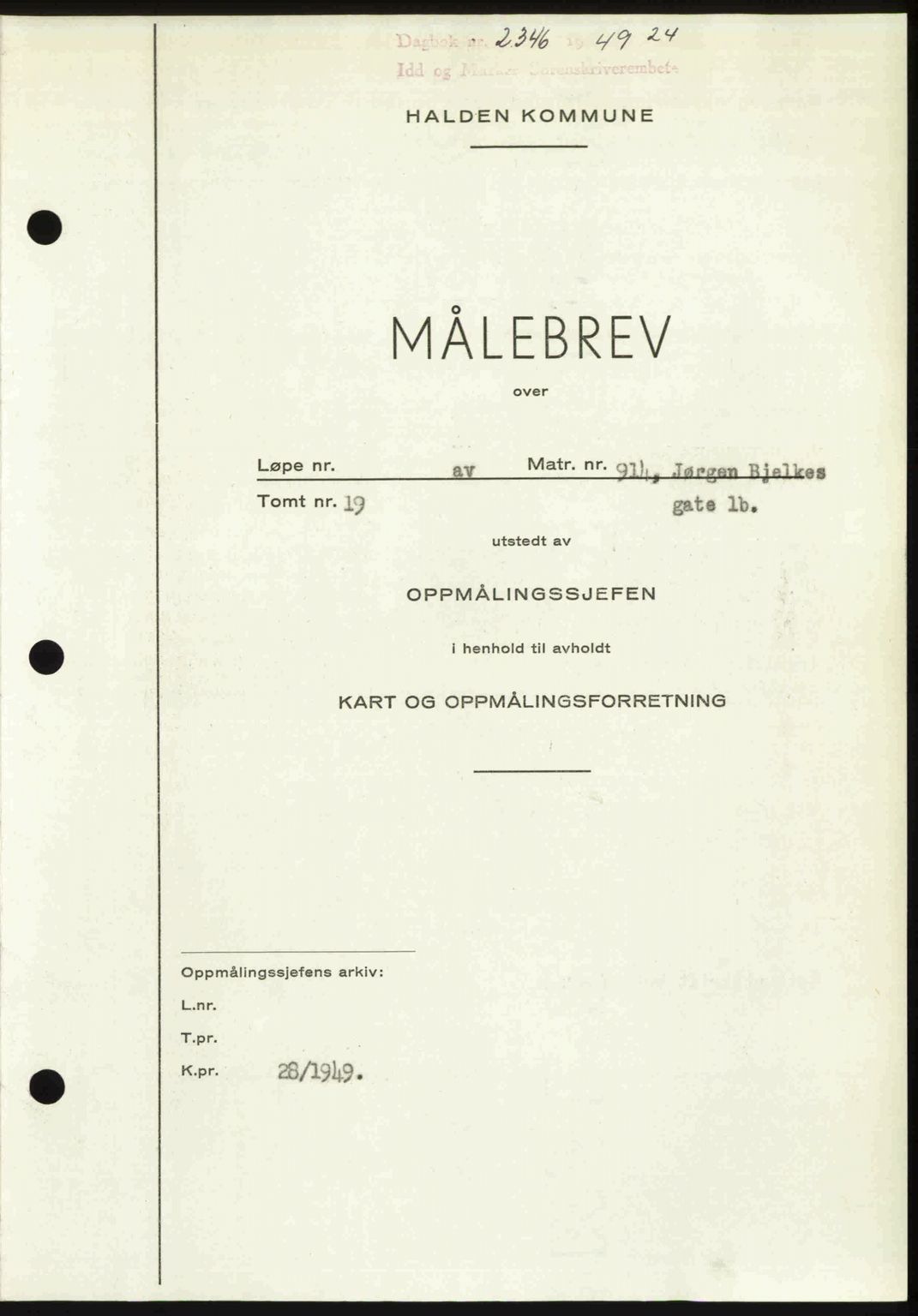 Idd og Marker sorenskriveri, AV/SAO-A-10283/G/Gb/Gbb/L0013: Mortgage book no. A13, 1949-1950, Diary no: : 2346/1949