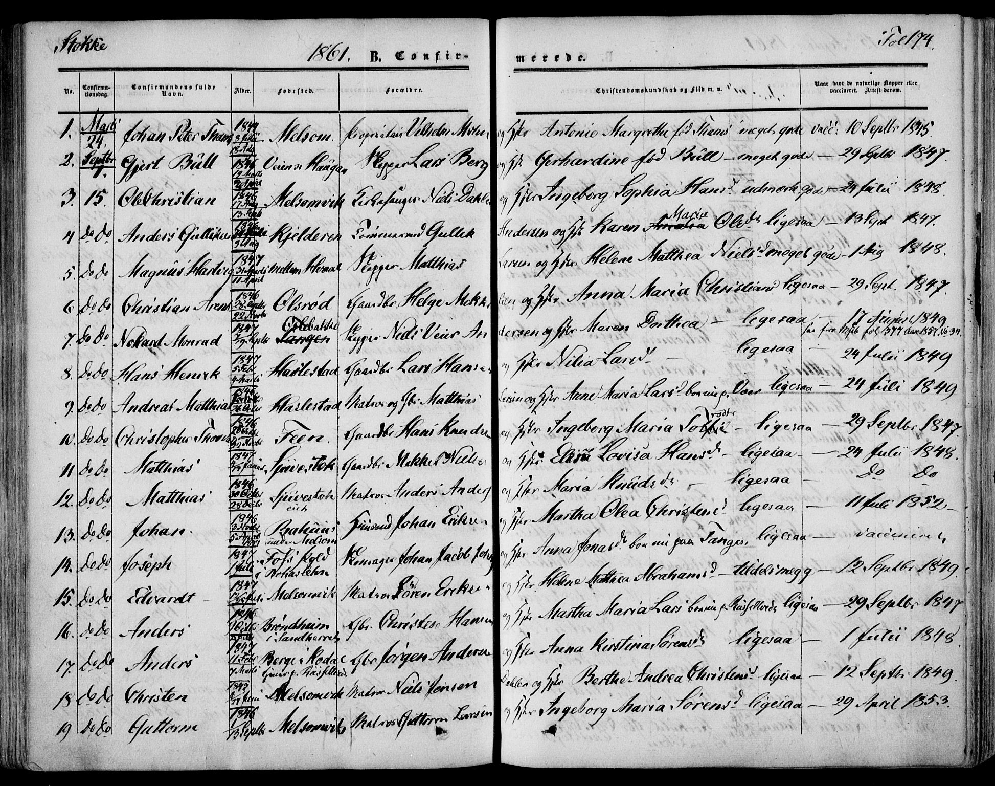 Stokke kirkebøker, SAKO/A-320/F/Fa/L0008: Parish register (official) no. I 8, 1858-1871, p. 174
