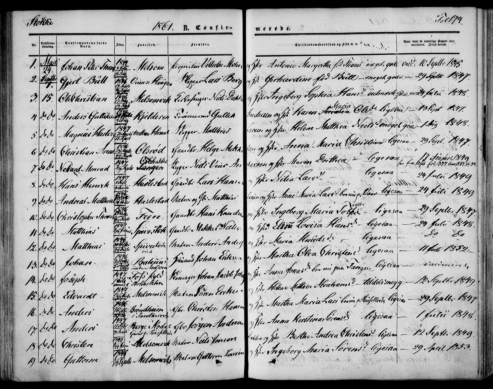 Stokke kirkebøker, AV/SAKO-A-320/F/Fa/L0008: Parish register (official) no. I 8, 1858-1871, p. 174