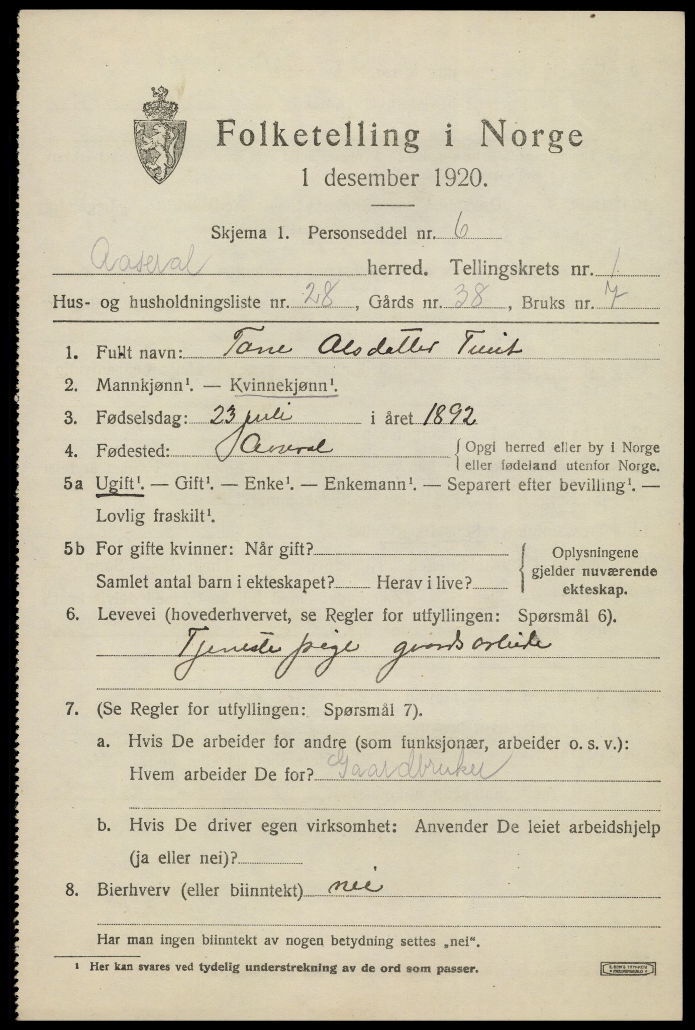 SAK, 1920 census for Åseral, 1920, p. 770