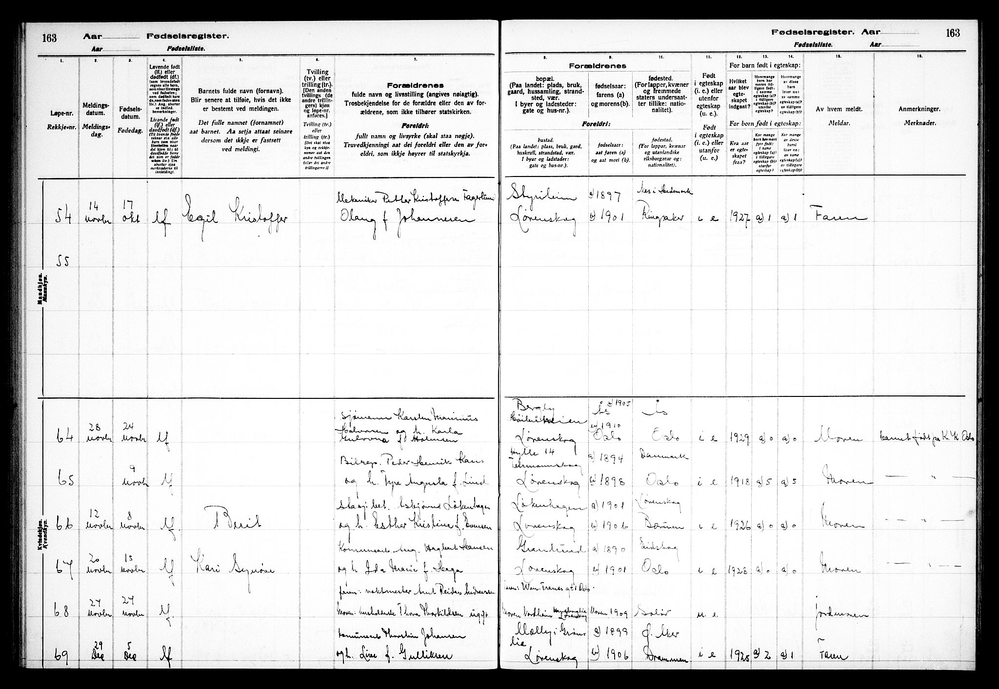 Skedsmo prestekontor Kirkebøker, AV/SAO-A-10033a/J/Jb/L0001: Birth register no. II 1, 1916-1932, p. 163