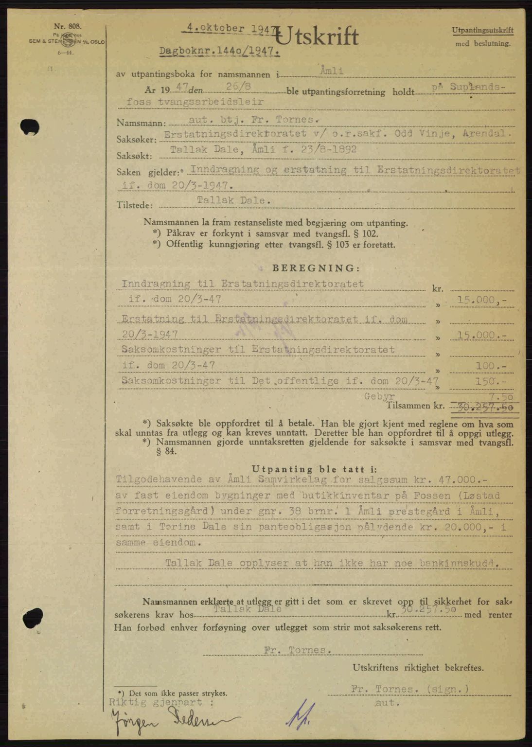 Nedenes sorenskriveri, SAK/1221-0006/G/Gb/Gba/L0058: Mortgage book no. A10, 1947-1948, Diary no: : 1440/1947