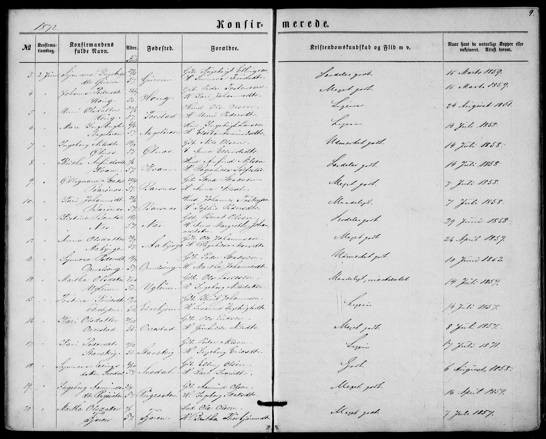 Sogndal sokneprestembete, SAB/A-81301/H/Haa/Haaa/L0015: Parish register (official) no. A 15, 1871-1904, p. 9