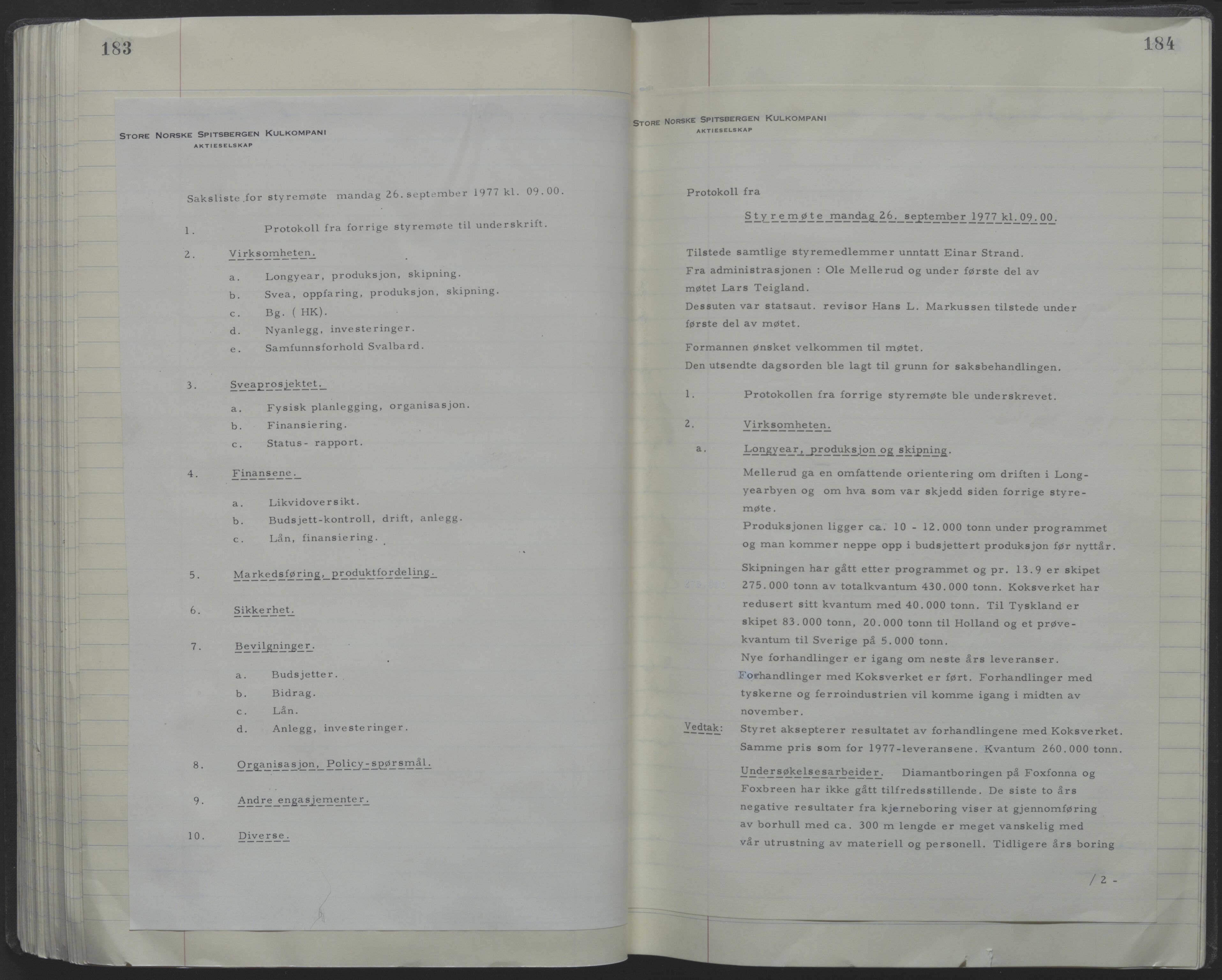 Store Norske Spitsbergen Kulkompani A/S, AV/SATØ-P-0073/09/A/Ab/Aba/L0001: Styreprotokoll 6, 1970-1979, p. 183-184