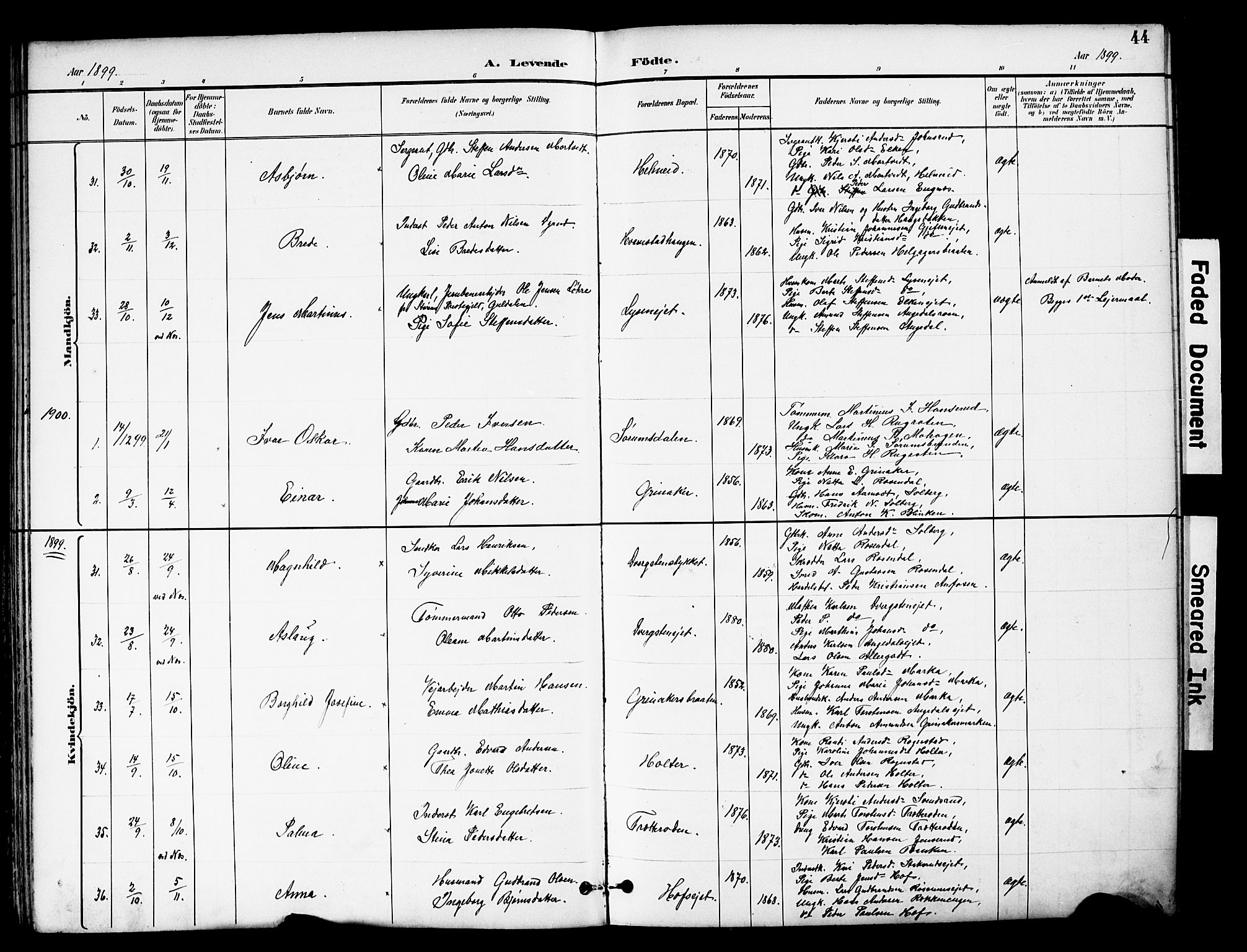 Brandbu prestekontor, SAH/PREST-114/H/Ha/Hab/L0006: Parish register (copy) no. 6, 1893-1902, p. 44