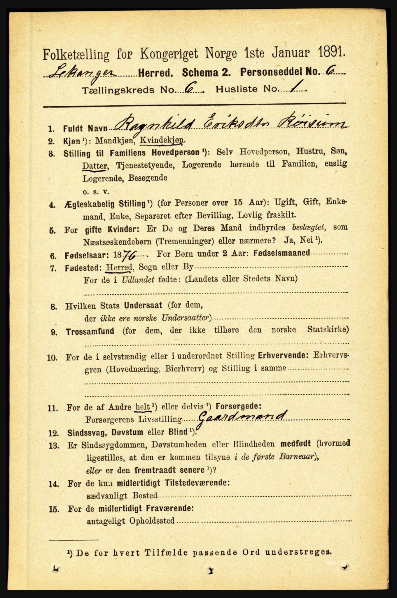 RA, 1891 census for 1419 Leikanger, 1891, p. 1123