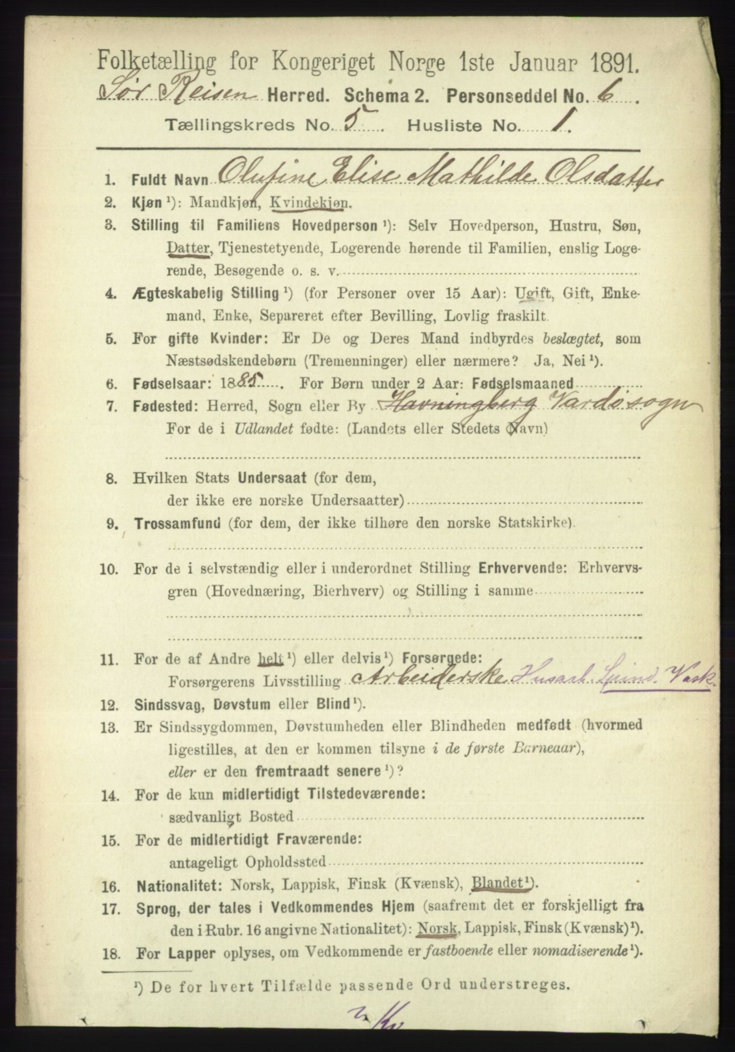 RA, 1891 census for 1925 Sørreisa, 1891, p. 1577