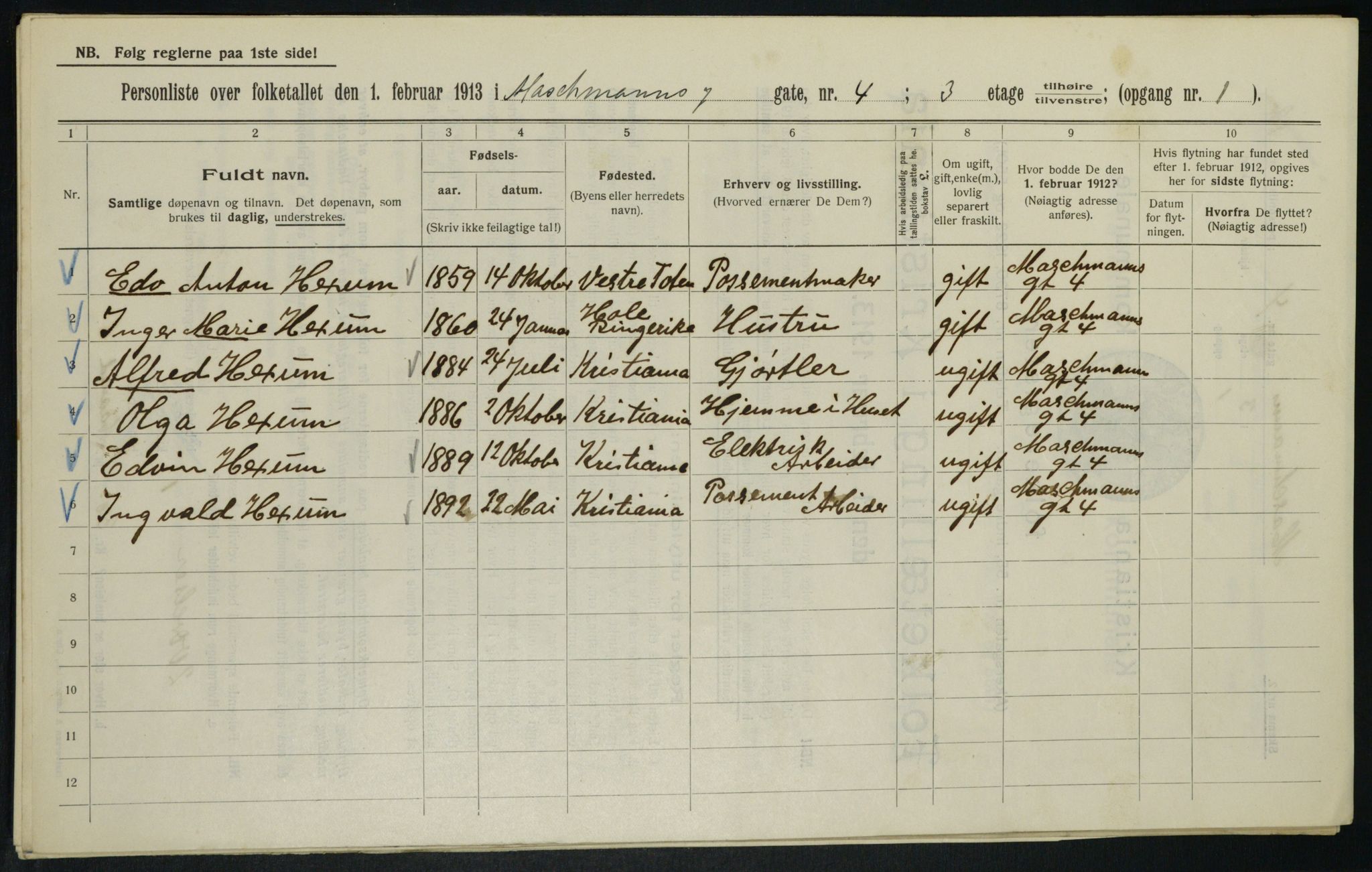 OBA, Municipal Census 1913 for Kristiania, 1913, p. 64605