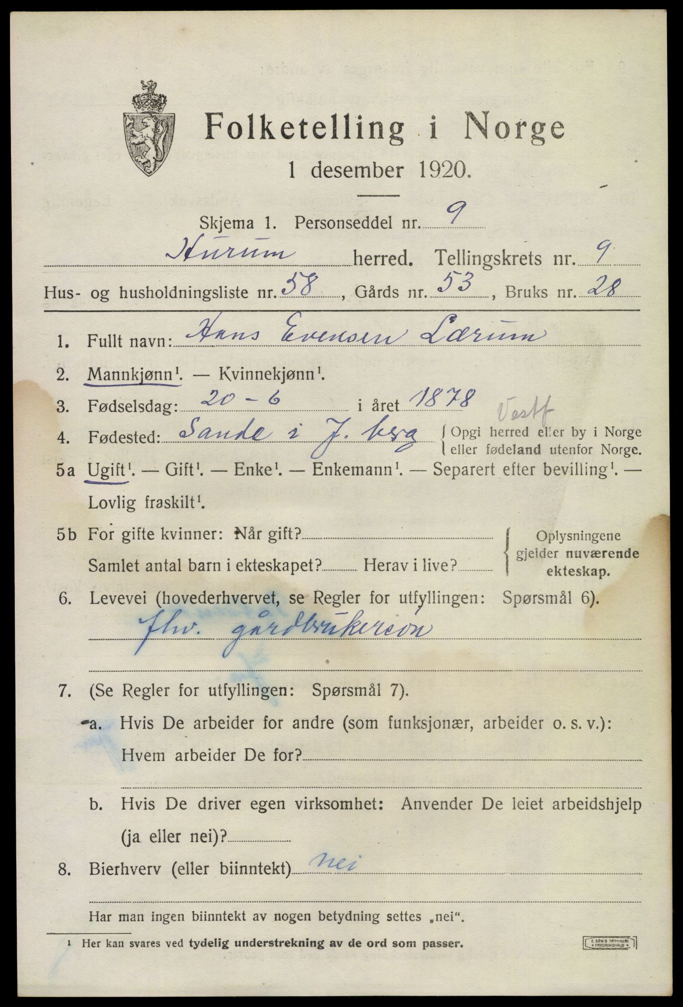 SAKO, 1920 census for Hurum, 1920, p. 12652