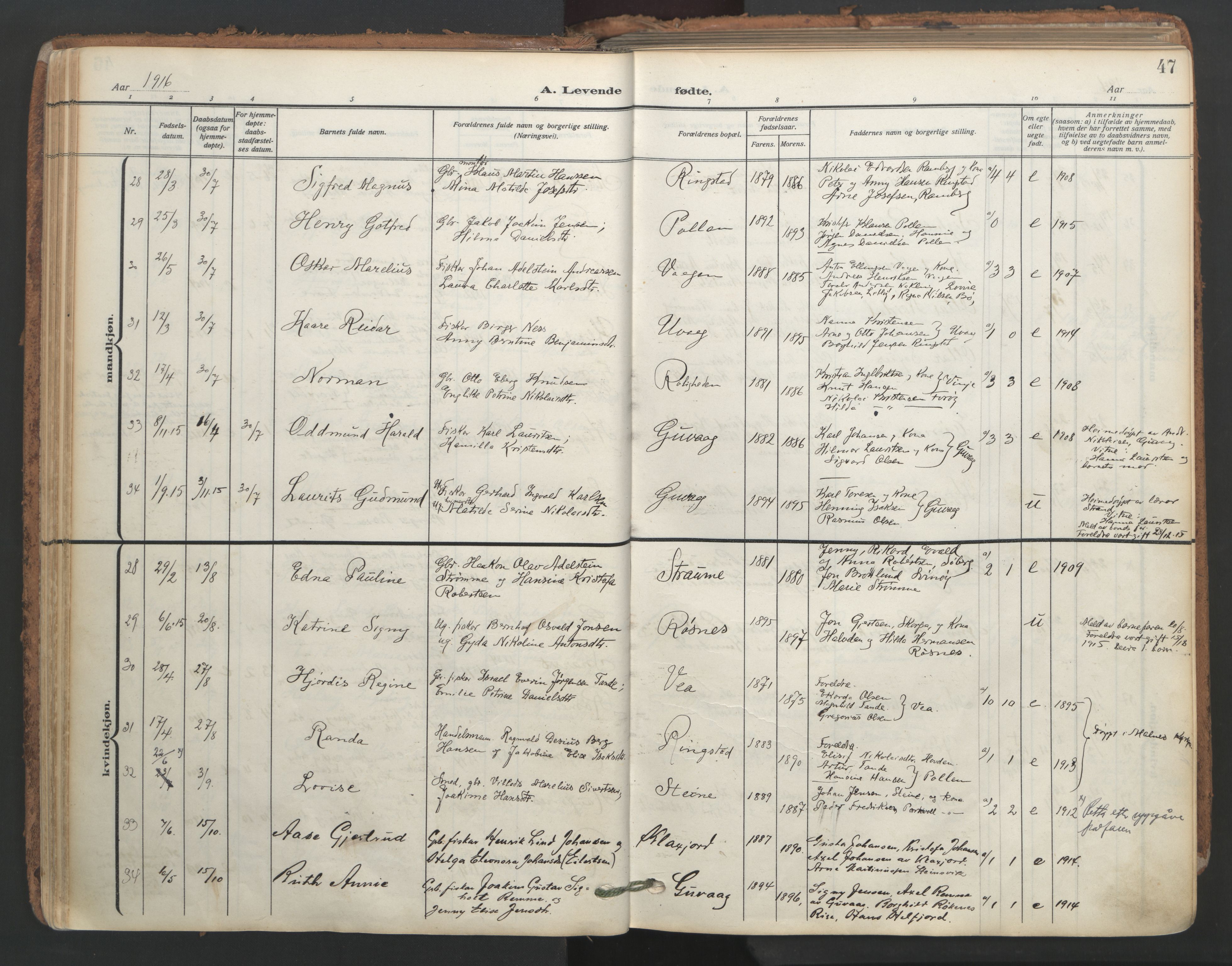 Ministerialprotokoller, klokkerbøker og fødselsregistre - Nordland, AV/SAT-A-1459/891/L1306: Parish register (official) no. 891A11, 1911-1927, p. 47