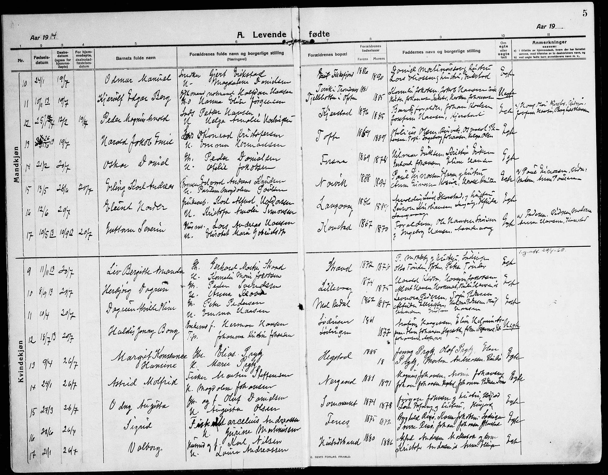 Ministerialprotokoller, klokkerbøker og fødselsregistre - Nordland, AV/SAT-A-1459/872/L1037: Parish register (official) no. 872A12, 1914-1925, p. 5