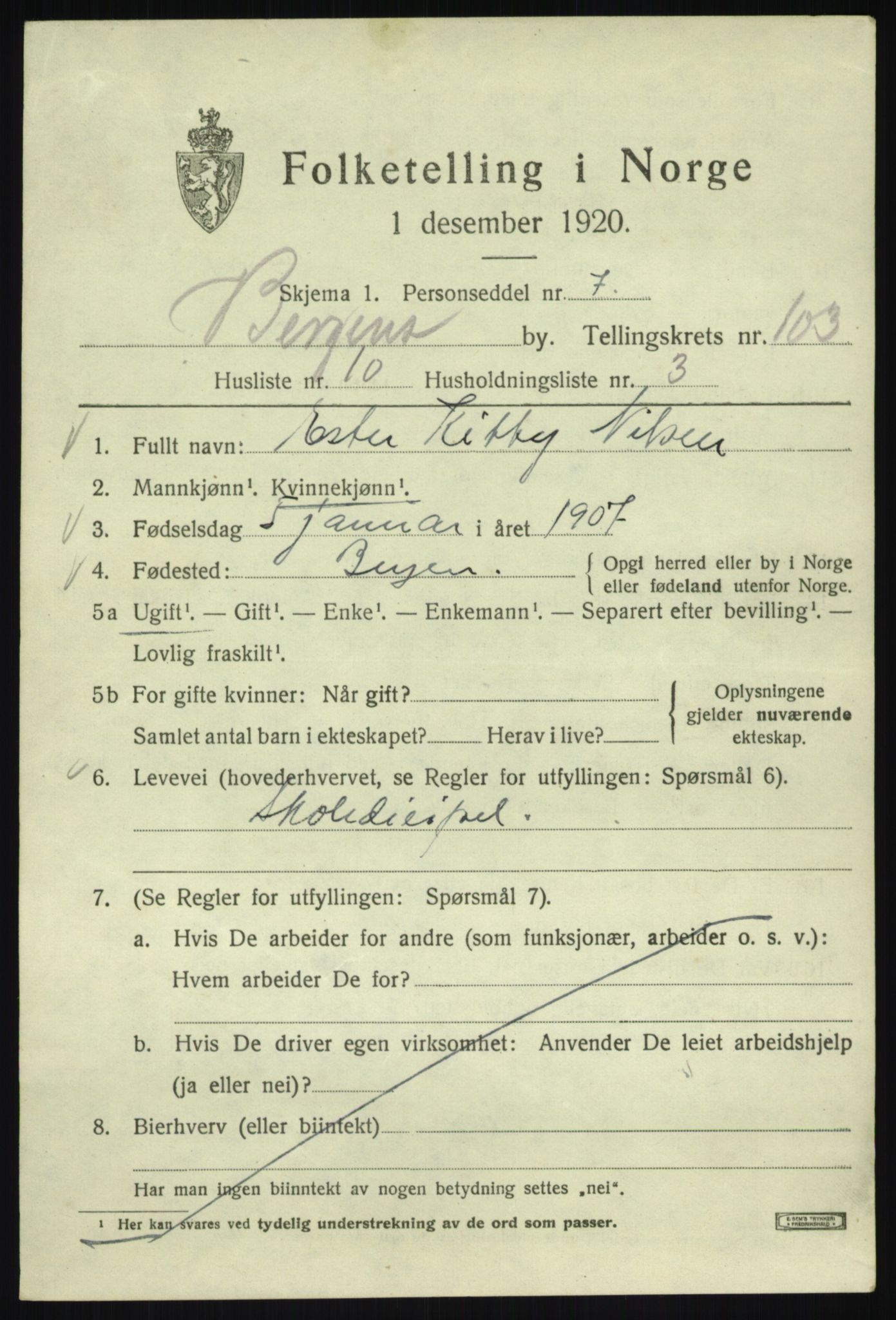 SAB, 1920 census for Bergen, 1920, p. 179782
