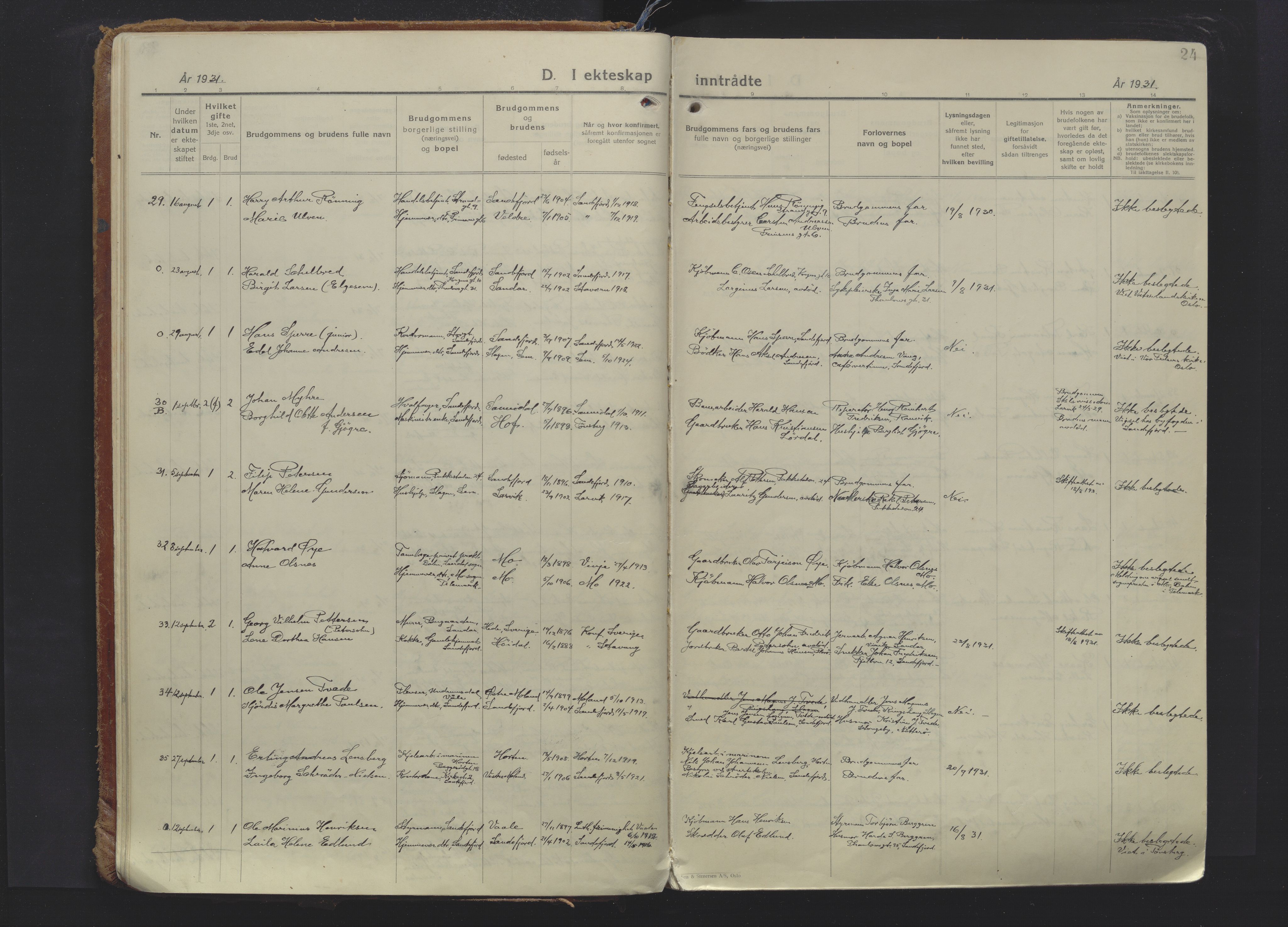 Sandefjord kirkebøker, SAKO/A-315/F/Fa/L0009: Parish register (official) no. 9, 1926-1945, p. 24