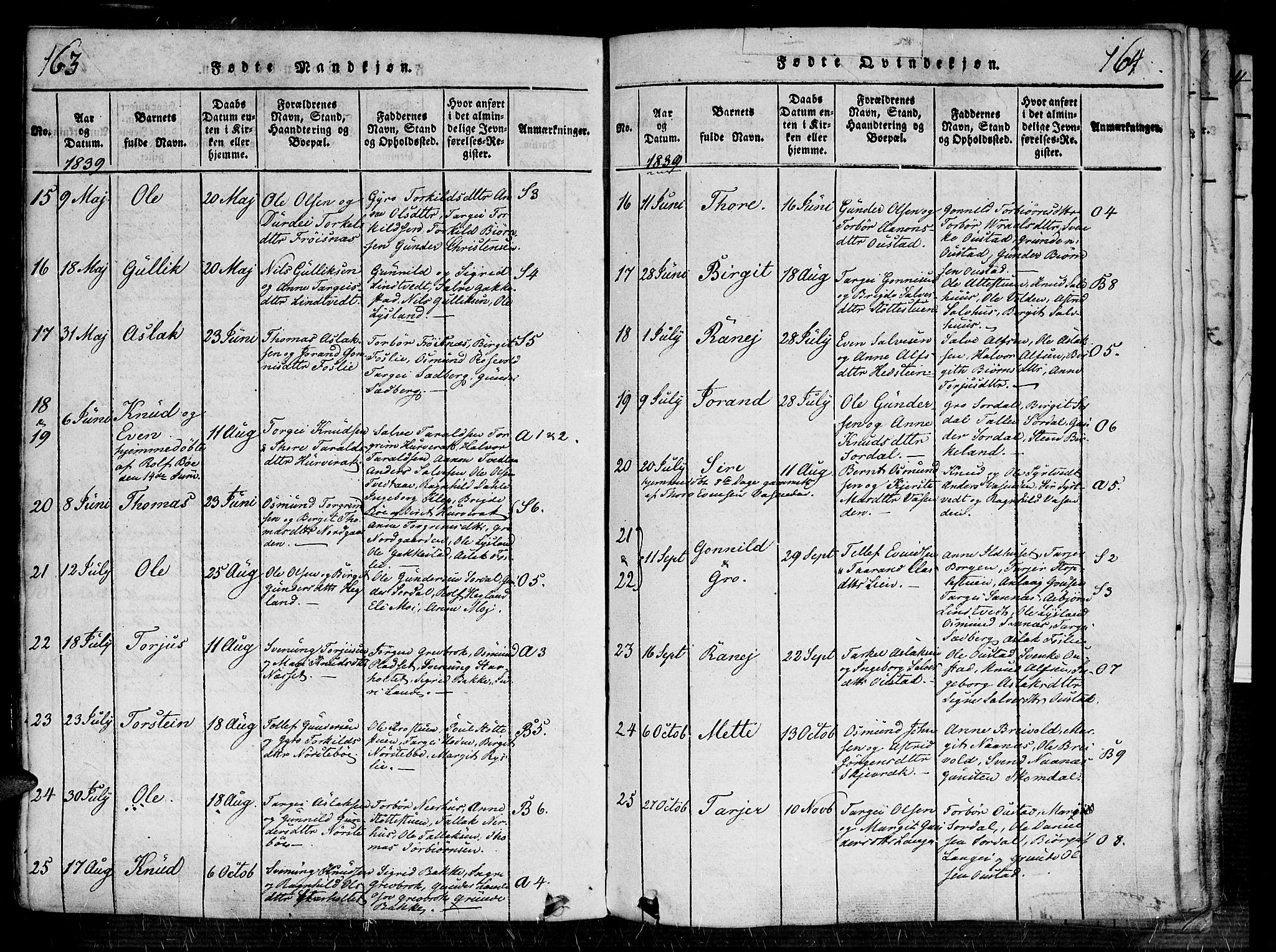 Bygland sokneprestkontor, AV/SAK-1111-0006/F/Fa/Fab/L0003: Parish register (official) no. A 3, 1816-1841, p. 163-164