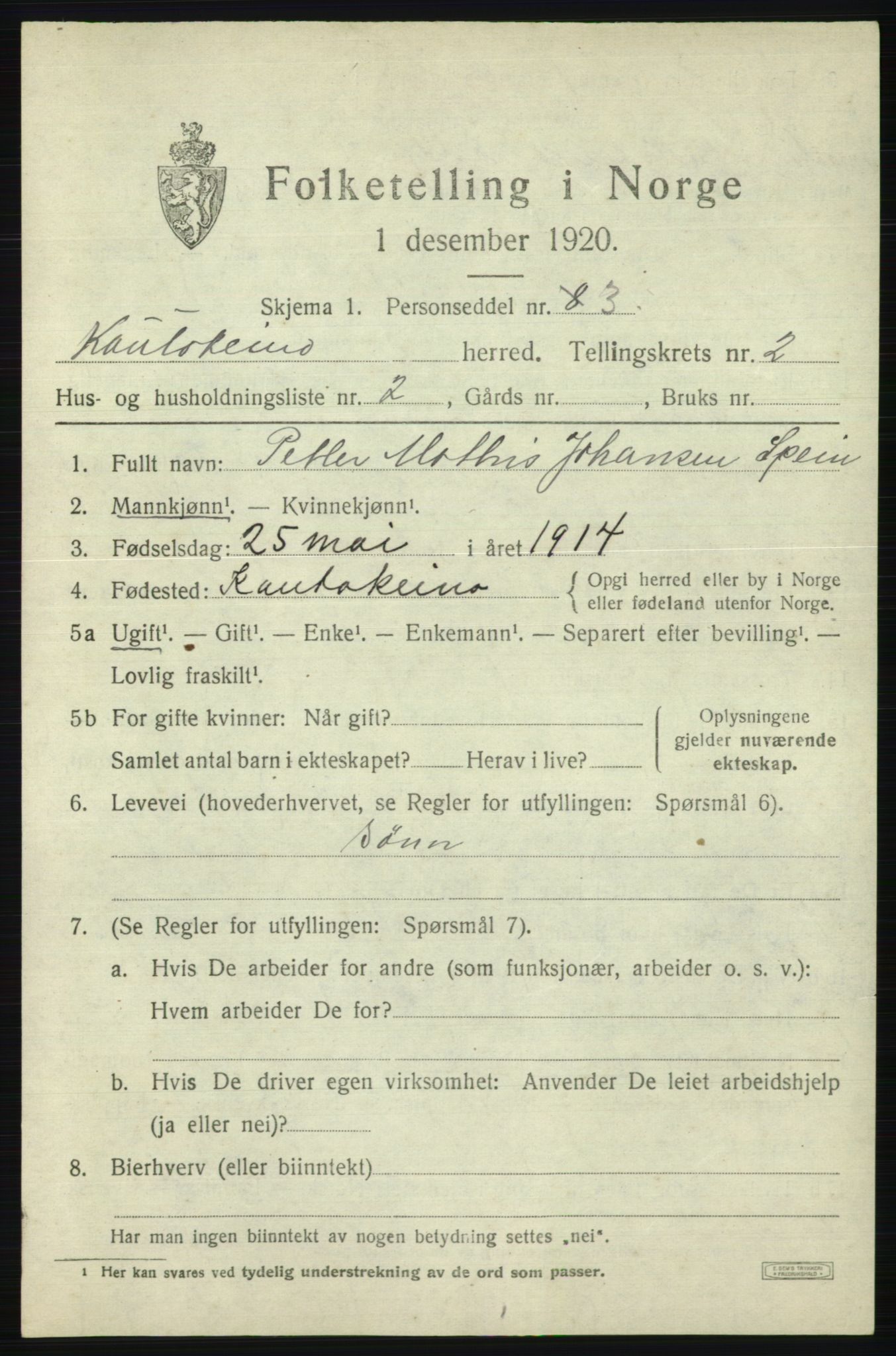 SATØ, 1920 census for Kautokeino, 1920, p. 847