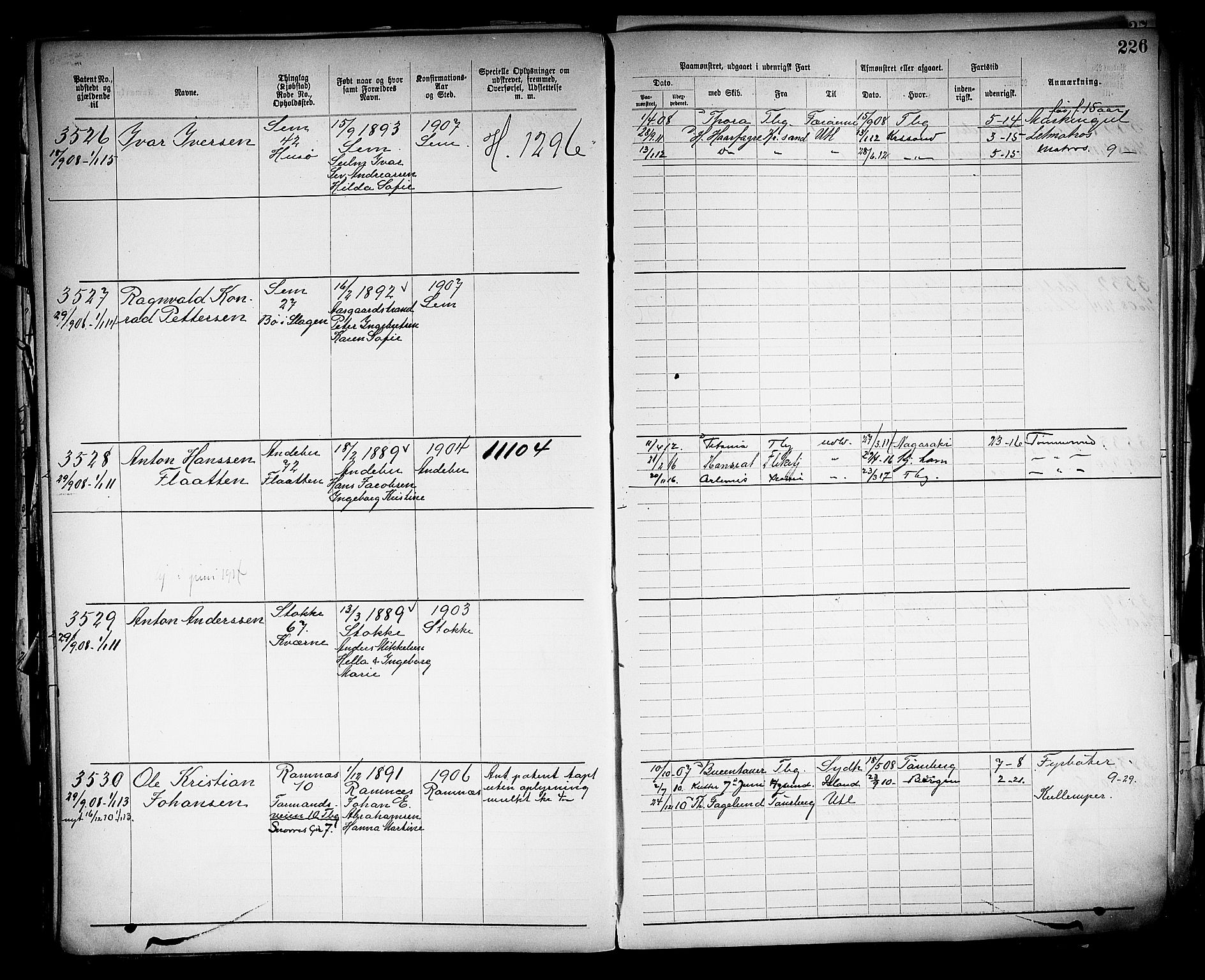 Tønsberg innrulleringskontor, SAKO/A-786/F/Fb/L0005: Annotasjonsrulle Patent nr. 2401-4080, 1904-1910, p. 229