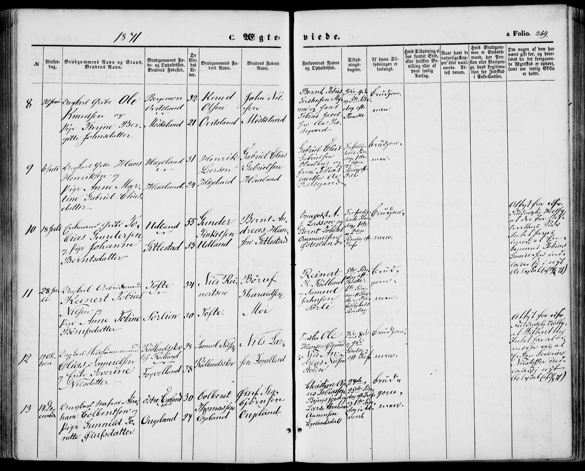 Lyngdal sokneprestkontor, SAK/1111-0029/F/Fa/Fac/L0010: Parish register (official) no. A 10, 1865-1878, p. 269