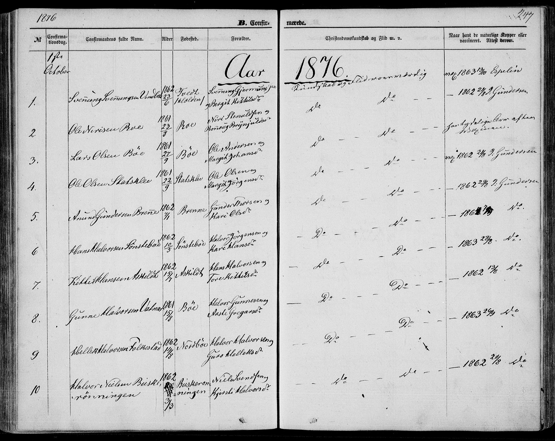 Bø kirkebøker, SAKO/A-257/F/Fa/L0009: Parish register (official) no. 9, 1862-1879, p. 247