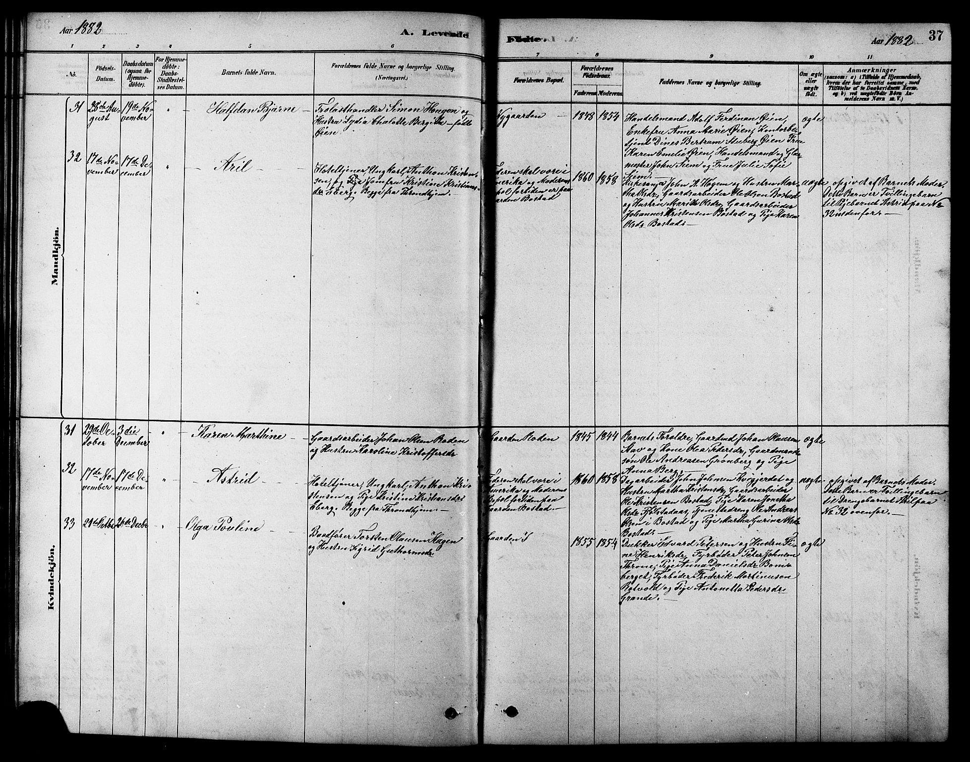 Ministerialprotokoller, klokkerbøker og fødselsregistre - Sør-Trøndelag, SAT/A-1456/616/L0423: Parish register (copy) no. 616C06, 1878-1903, p. 37