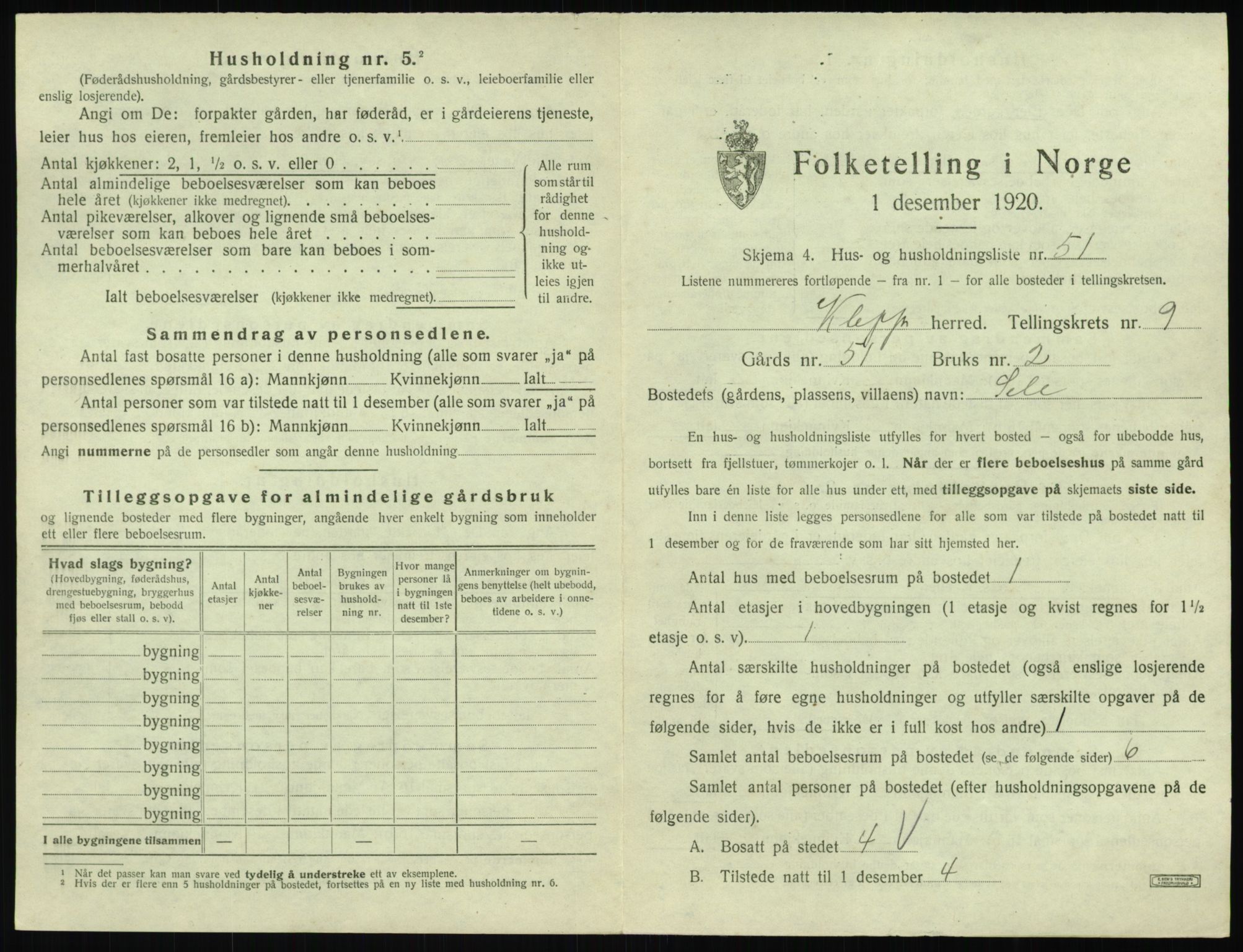 SAST, 1920 census for Klepp, 1920, p. 1166