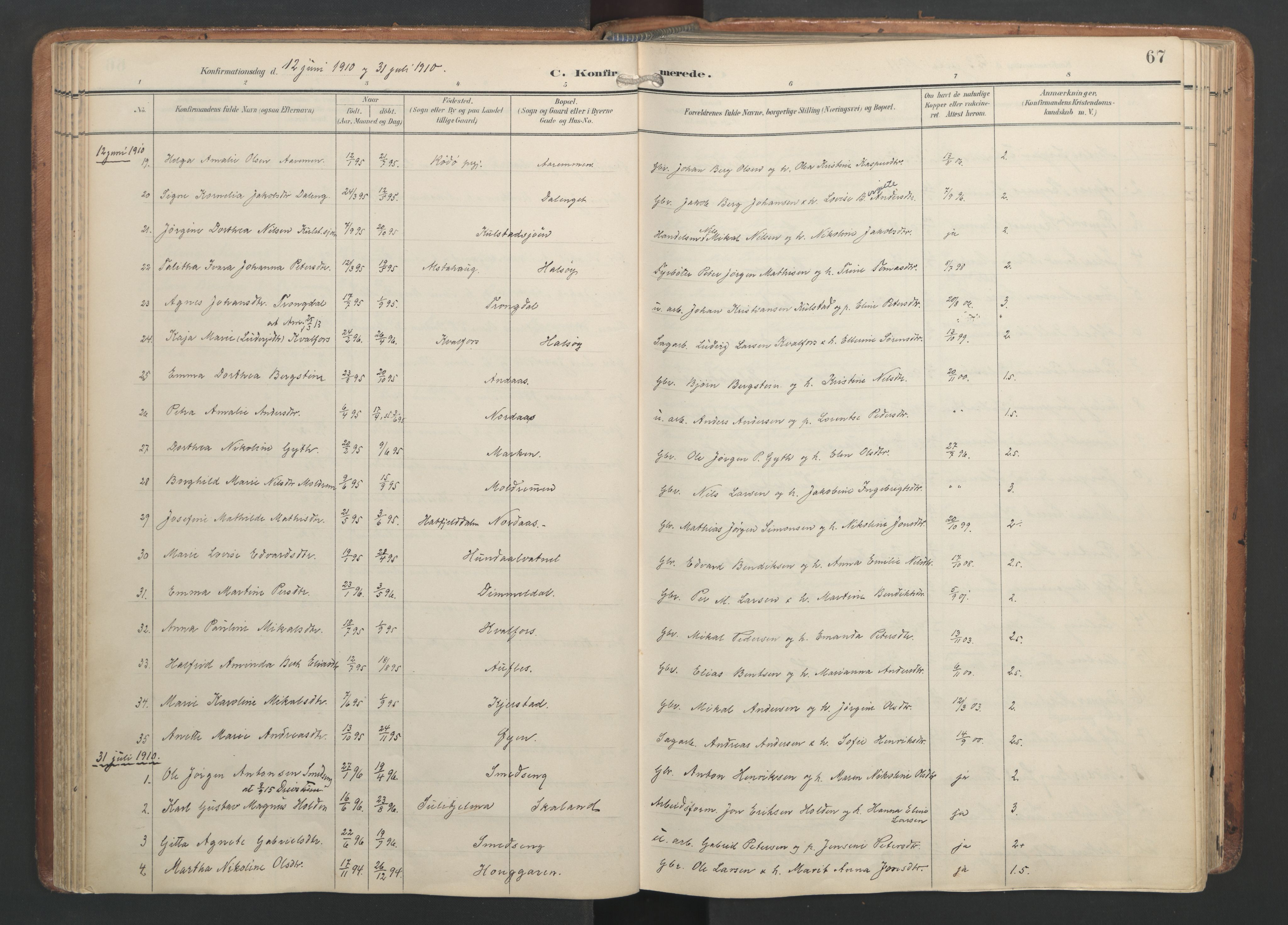 Ministerialprotokoller, klokkerbøker og fødselsregistre - Nordland, AV/SAT-A-1459/820/L0298: Parish register (official) no. 820A19, 1897-1915, p. 67