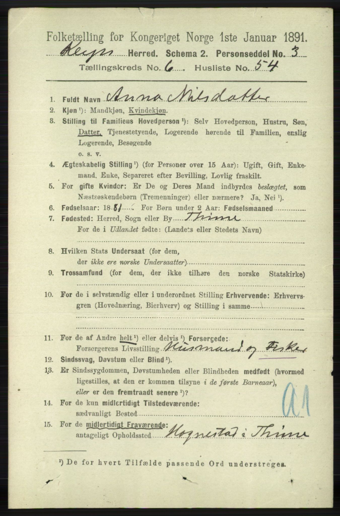 RA, 1891 census for 1120 Klepp, 1891, p. 2051