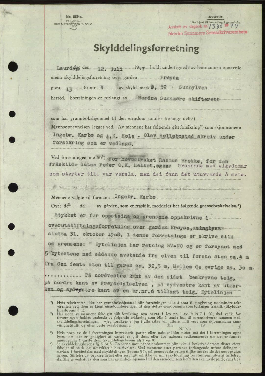 Nordre Sunnmøre sorenskriveri, AV/SAT-A-0006/1/2/2C/2Ca: Mortgage book no. A25, 1947-1947, Diary no: : 1330/1947