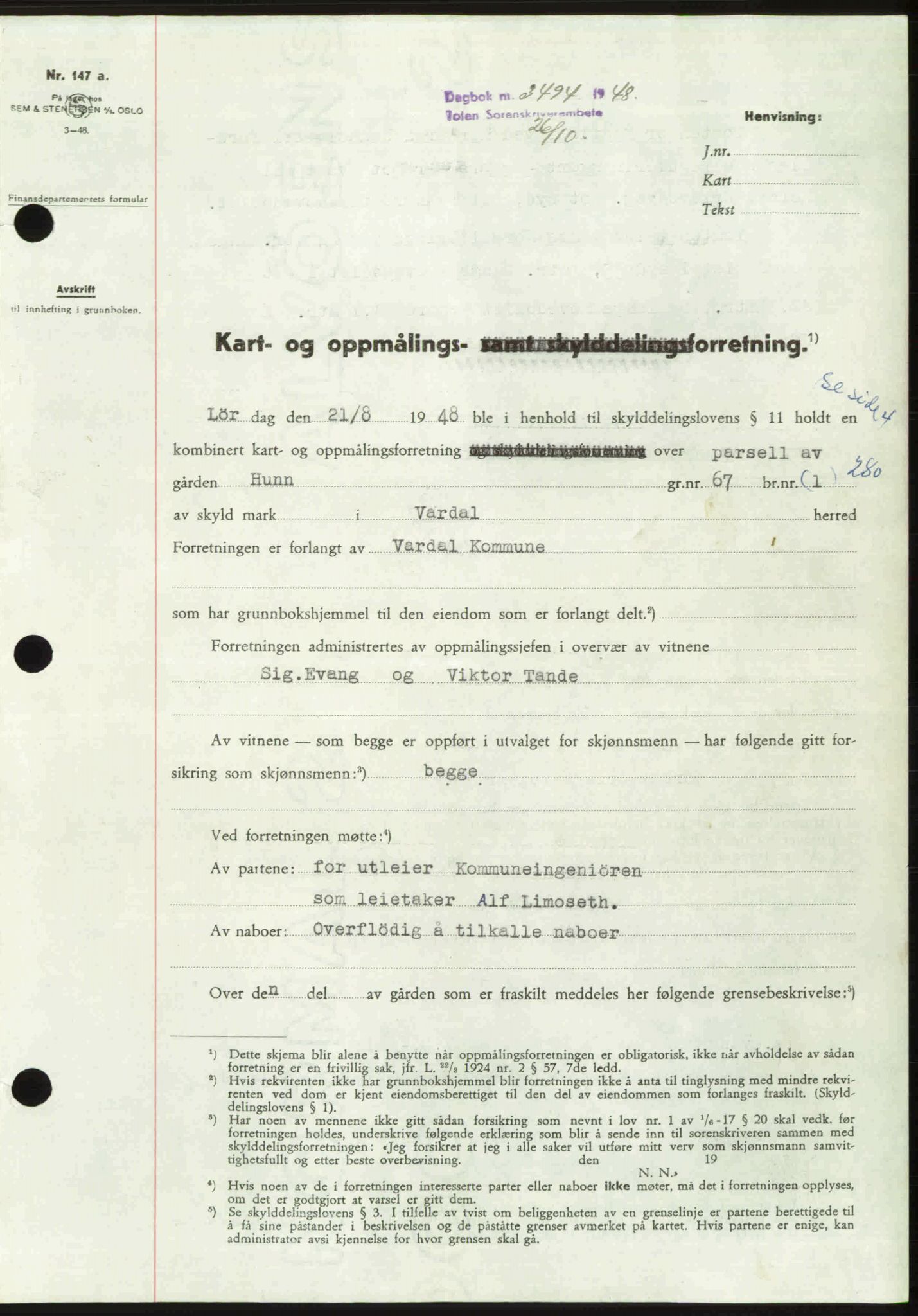 Toten tingrett, SAH/TING-006/H/Hb/Hbc/L0020: Mortgage book no. Hbc-20, 1948-1948, Diary no: : 3494/1948
